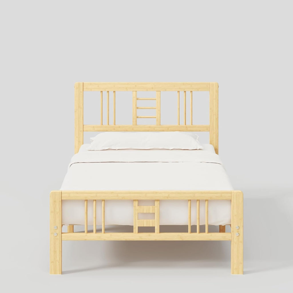 10 Inch High Bamboo Twin Bed Frame with Headboard Footboard & Metal Slat Support, Noise-Free Reinforced Platform Bed Easy to Assemble No Box Spring Required