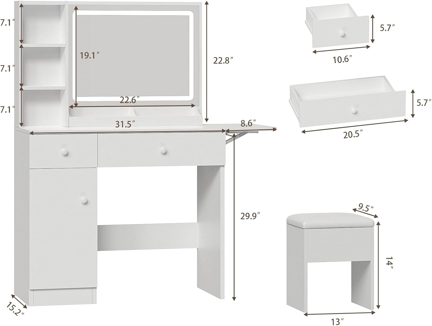 Haewon White Vanity Desk with Mirror and Lights, Makeup Vanity with Charging Station and 3 Lighting Modes, Dressing Table Set with Storage Cabinet, Drawers and Chair for Girls Bedroom