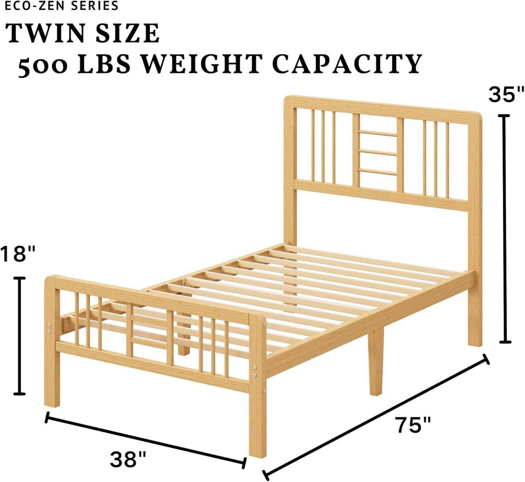 ZIYOO 12 Inch Twin Size Natural Bamboo Platform Bed Frame with Headboard and Footboard, Modern Minimalist Design, Easy Assembly, Heavy Duty Support, No Box Spring Needed