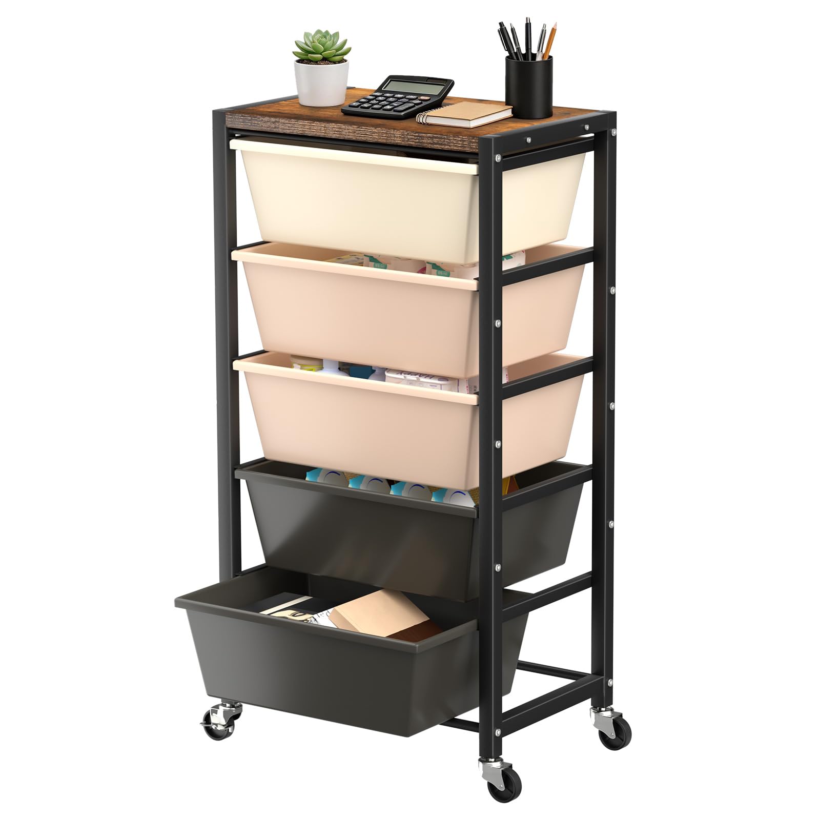 Rolling Cart with 5 Drawers, Plastic Drawer Storage Carts with Wheels & Wooden Tabletop, Metal Utility Cart for Office Bedroom Living Room Classroom, Craft Organization and Storage, Black