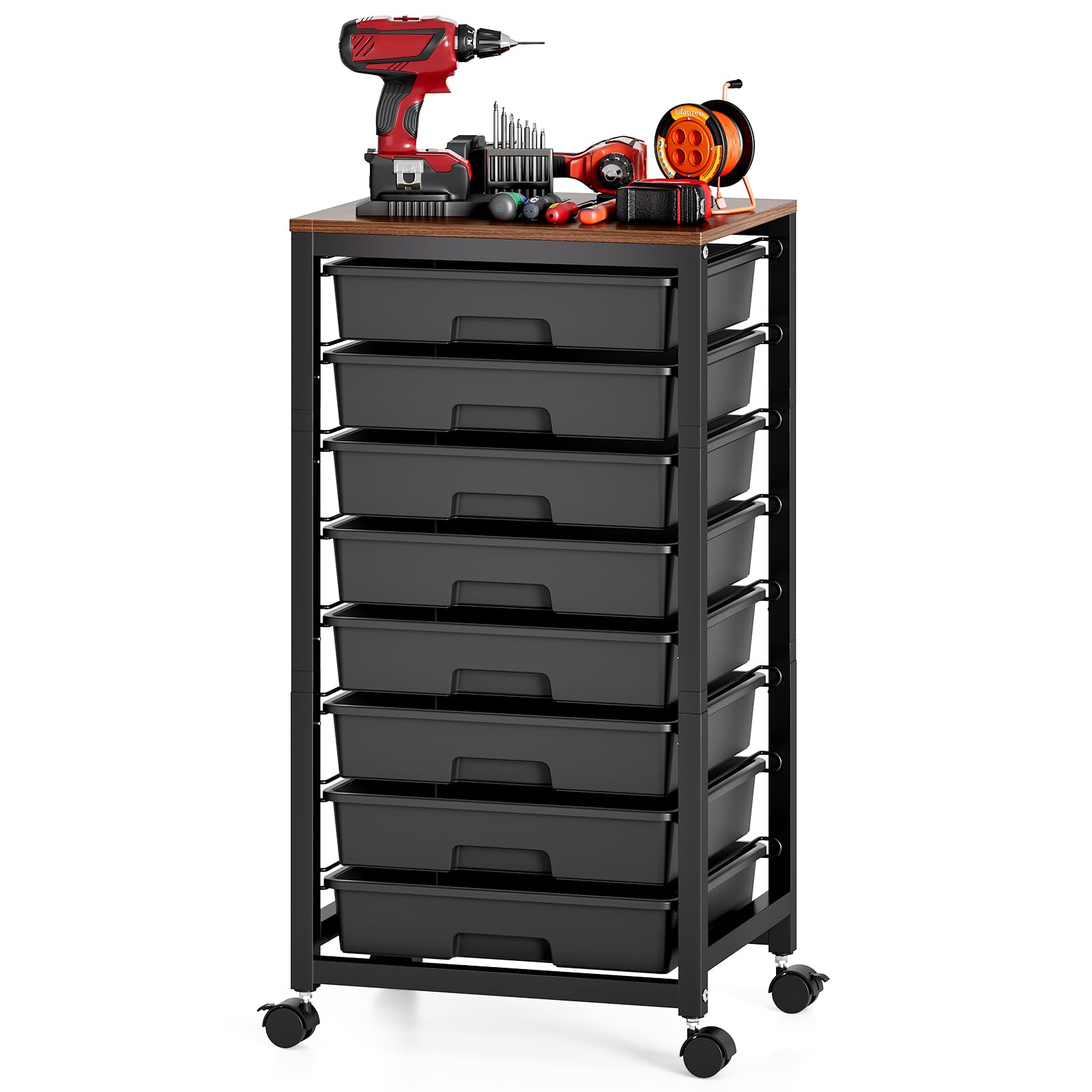 Green Rolling Utility Storage Cart with 8 Drawers & Wooden Tabletop, Multi-scene Organizer for Home Office Craft Dorm