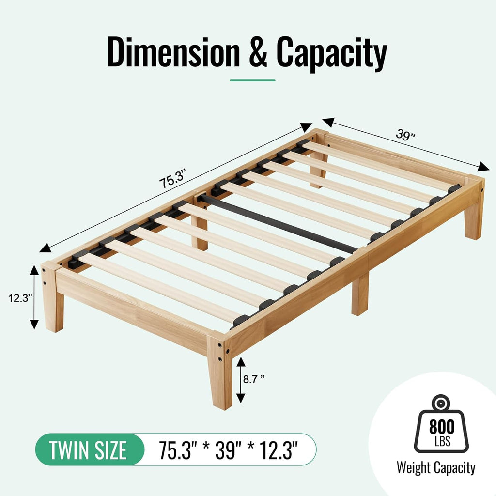 Twin Size Solid Wood Platform Bed - Noise-Free Design with Metal and Wood Slat Support, No Box Spring Needed, Easy Assembly, Natural Wood Finish