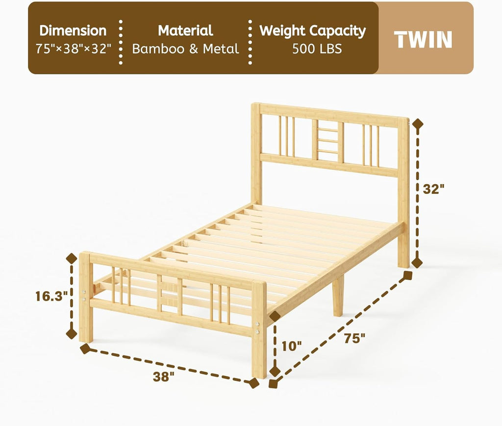 10 Inch High Bamboo Twin Bed Frame with Headboard Footboard & Metal Slat Support, Noise-Free Reinforced Platform Bed Easy to Assemble No Box Spring Required