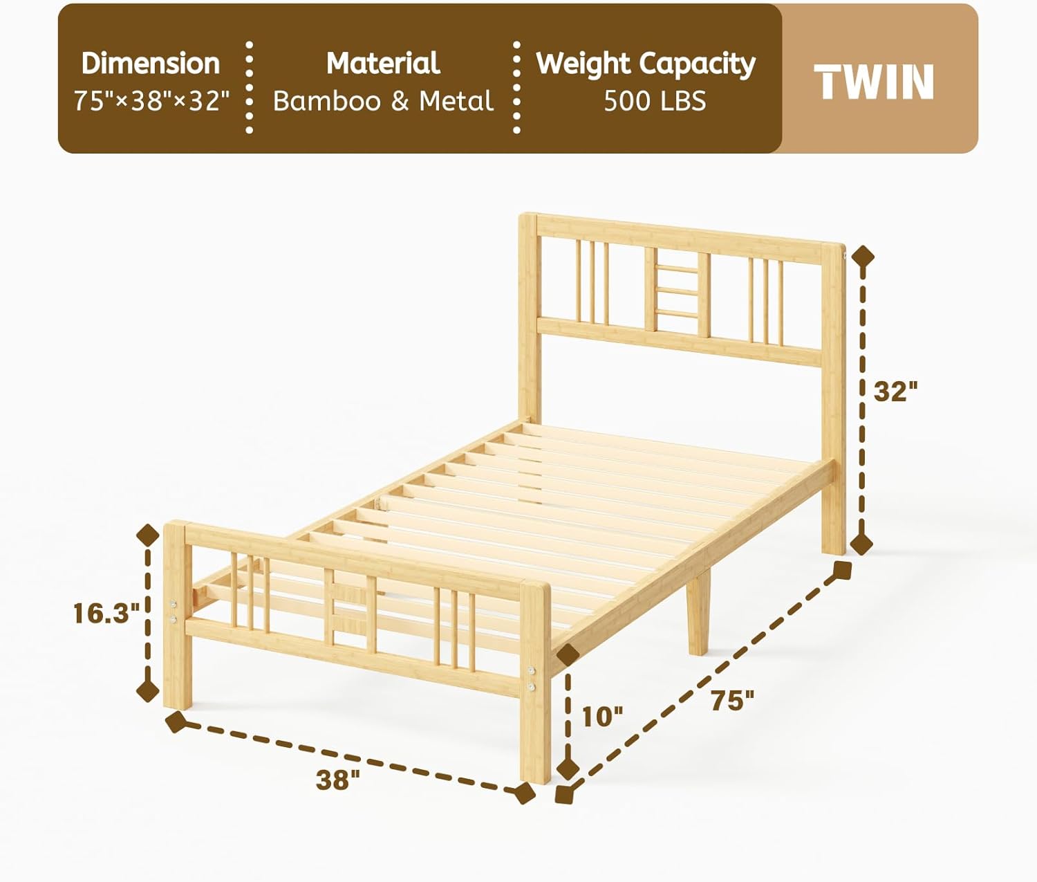 10 Inch High Bamboo Twin Bed Frame with Headboard Footboard & Metal Slat Support, Noise-Free Reinforced Platform Bed Easy to Assemble No Box Spring Required