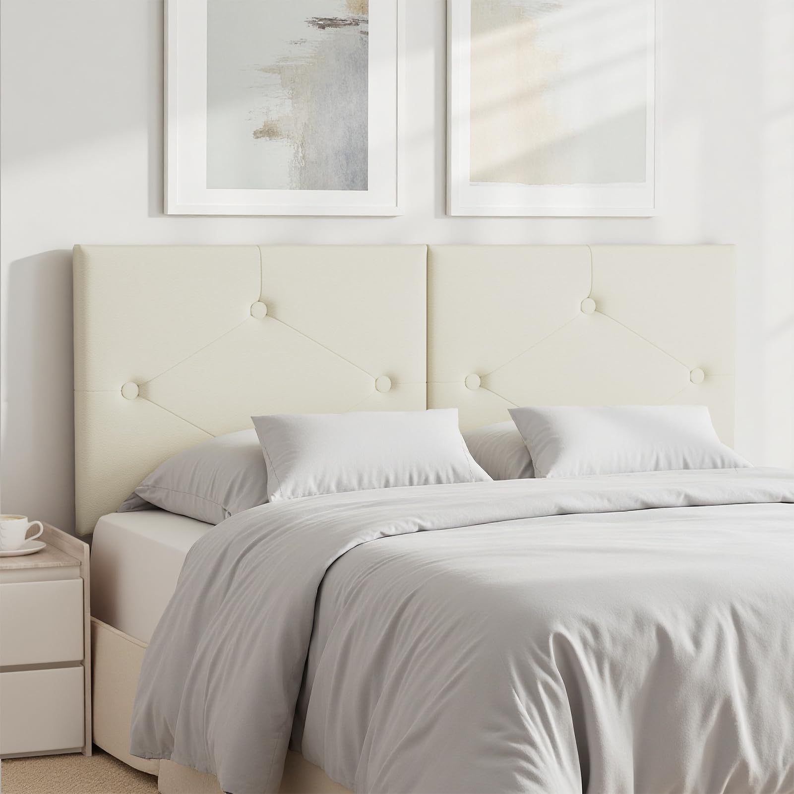 Modern Queen Headboard, Upholstered Faux Leather Bed Headboard with Solid Wood & Sturdy Metal Legs, Tufted Adjustable Height Headboards in Button Design, Beige