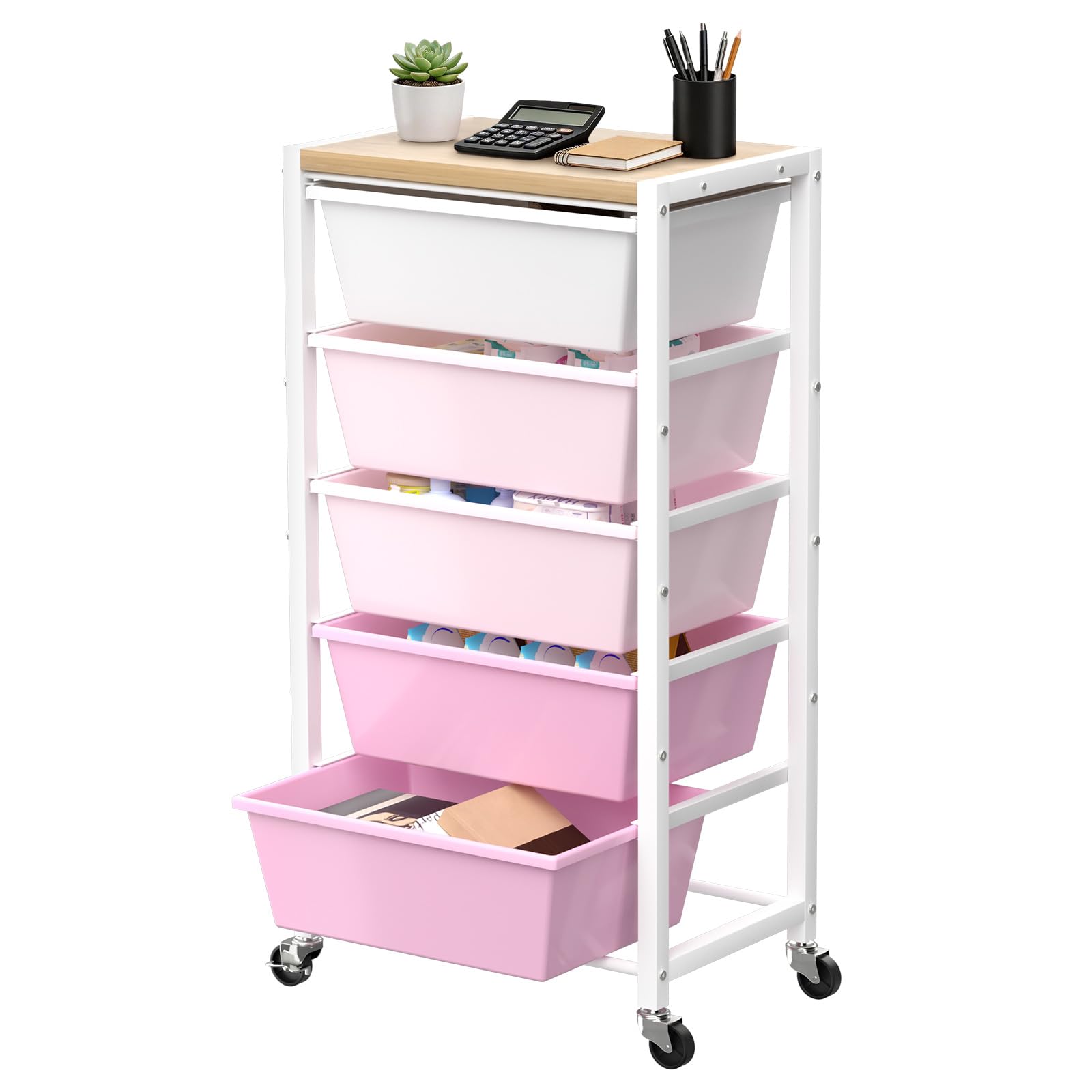 Rolling Cart with 5 Drawers, Plastic Drawer Storage Carts with Wheels & Wooden Tabletop, Metal Utility Cart for Office Bedroom Living Room Classroom, Craft Organization and Storage, Black