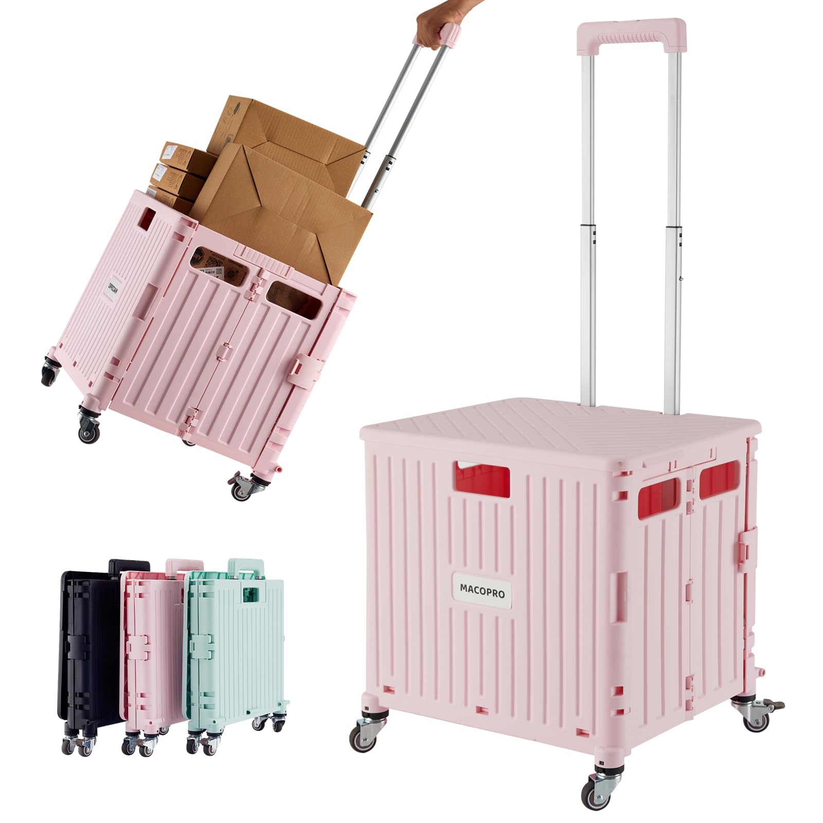 MACOPRO Folding Utility Cart Portable Rolling Crate Handcart Shopping Trolley Collapsible Tool Box, with Lid, Basket on 4 Rotate Wheels, for Grocery, Office, Teacher, Travel Shop Move Luggage (Green)