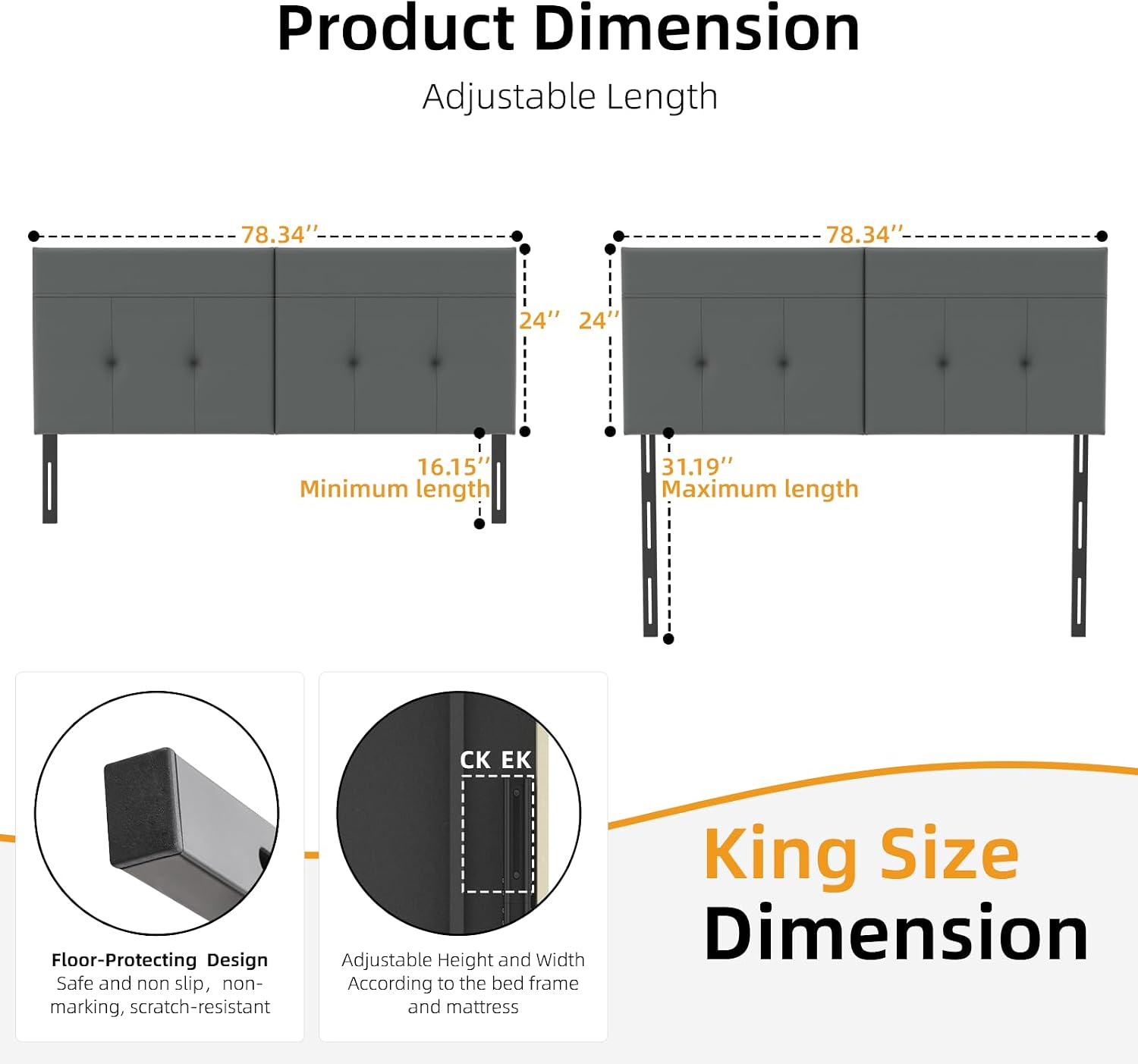 King Headboard Only with Adjustable Metal Legs, Faux Leather Upholstered Headboard King Size, Modern Stylish Headboard with Sunken Dot Design, Sturdy Bed Headboard for Bedroom, Gray
