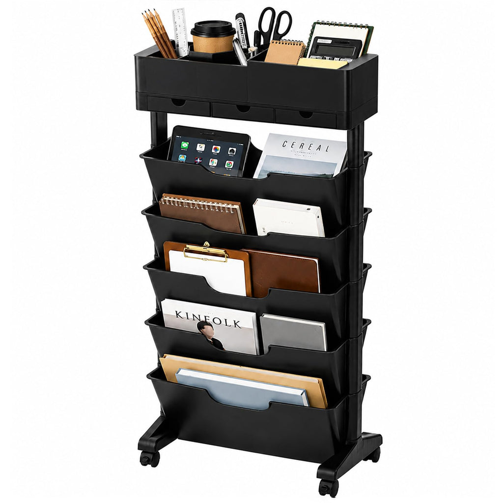 5 Tier Rolling Book Cart Multi-Functional Movable Storage Bookshelves with Lockable Wheels for Study Office Library Classroom, White (Whtie, with Wheel)