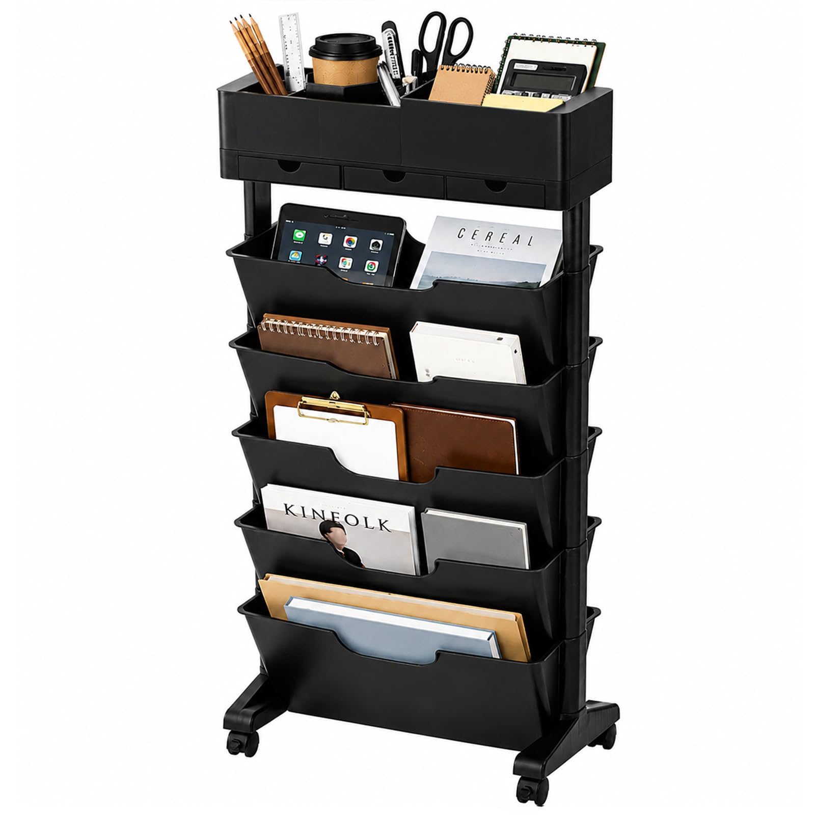 5 Tier Rolling Book Cart Multi-Functional Movable Storage Bookshelves with Lockable Wheels for Study Office Library Classroom, White (Whtie, with Wheel)