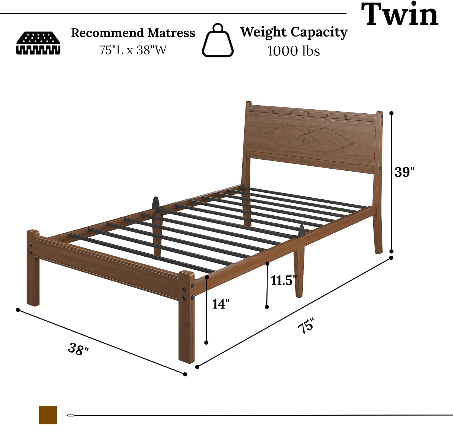 Askeld 14 inch Bamboo Twin Bed Frame with Headboard, Light Cottagecore Solid Wood Platform Bed No Box Spring Needed, Easy Assembly, Noise Free, Light Walnut Color