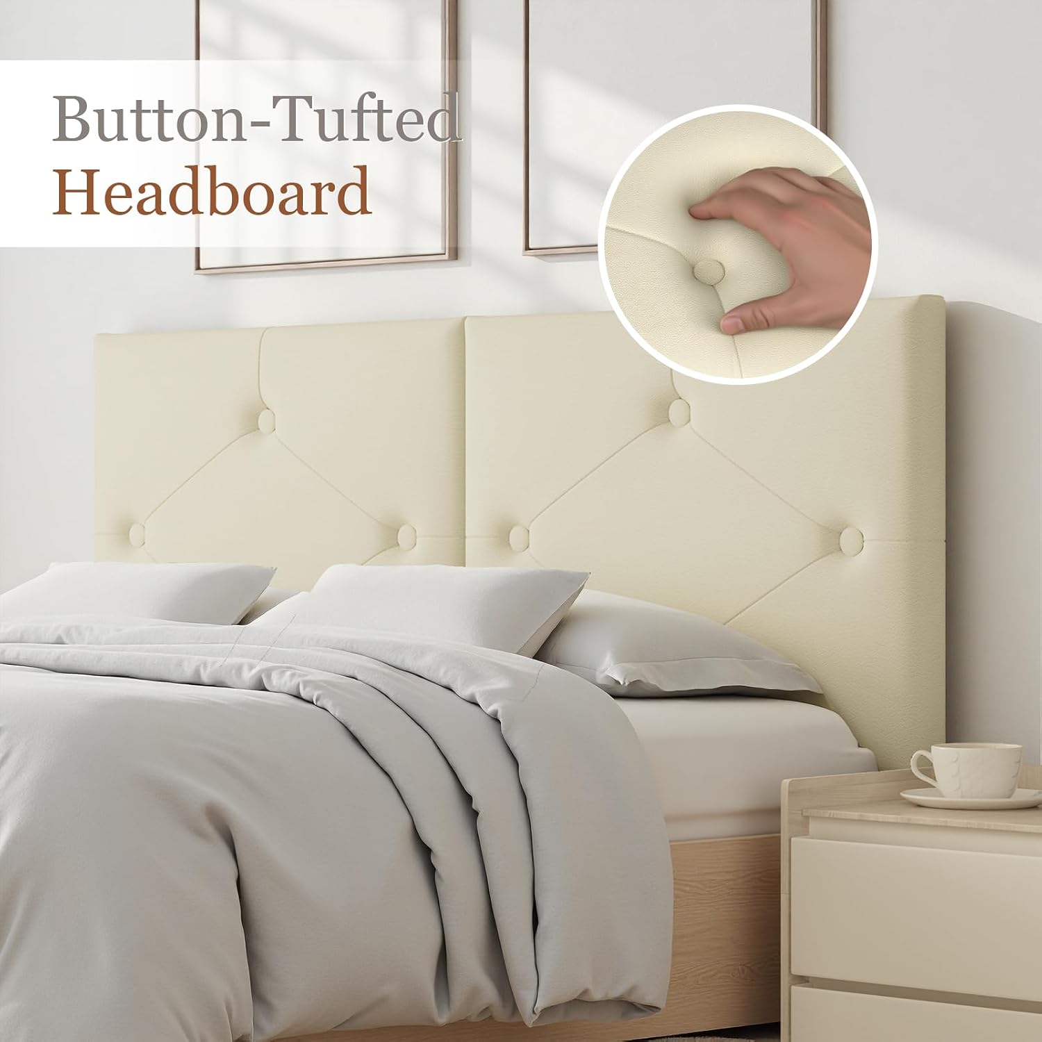 Modern Queen Headboard, Upholstered Faux Leather Bed Headboard with Solid Wood & Sturdy Metal Legs, Tufted Adjustable Height Headboards in Button Design, Beige