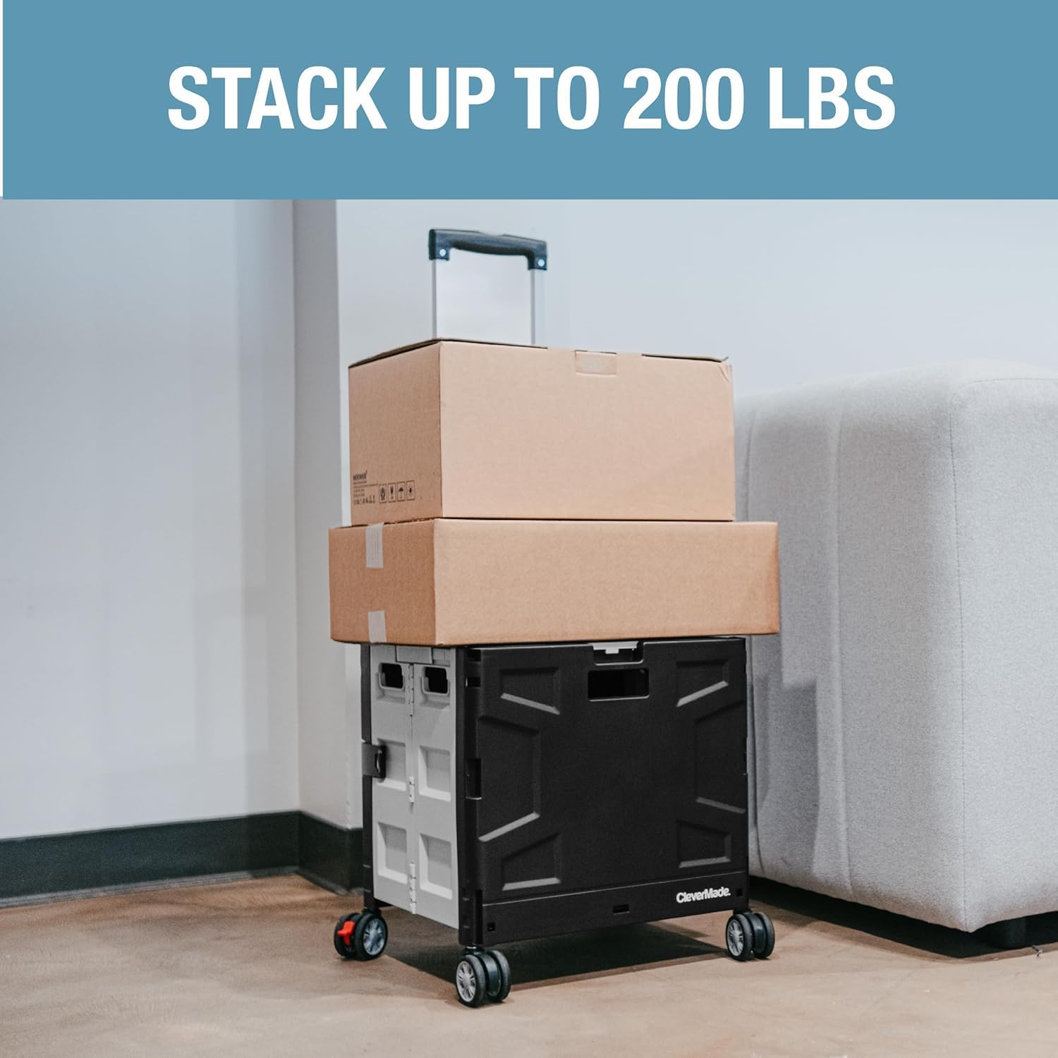 CleverMade Collapsible Wheeled Crate with Lid, 4-Wheels, Swivel and Glide Rolling Crate with Handle and Double Wheels, 55L, 100 lb Capacity, Cool Gray, Polypropylene (PP)