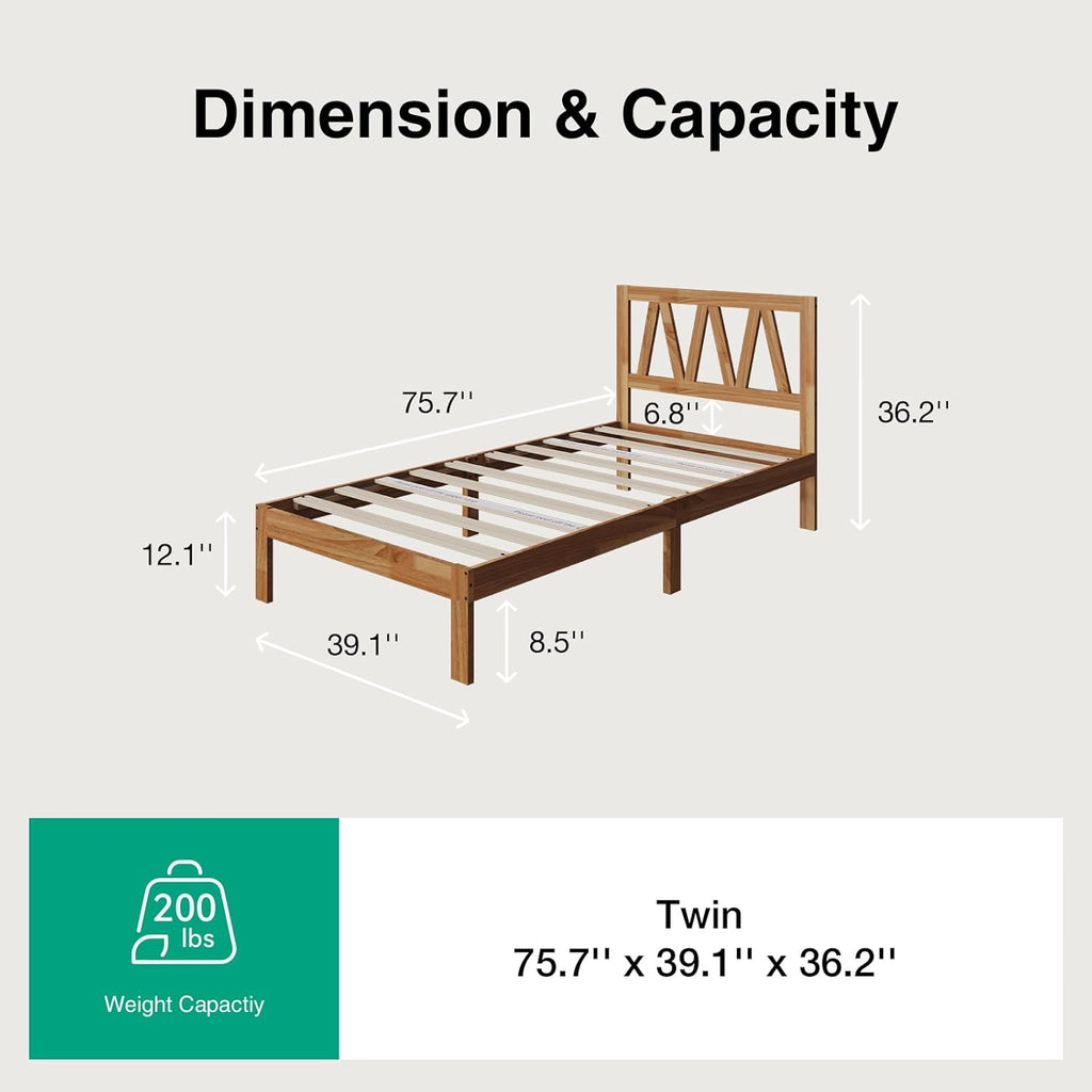 Novilla 12 Inch Twin Bed Frame Twin Size Bed Frames with Headboard Solid Wooden BedFrame Foundation No Box Spring Needed, Easy Assembly, Natural