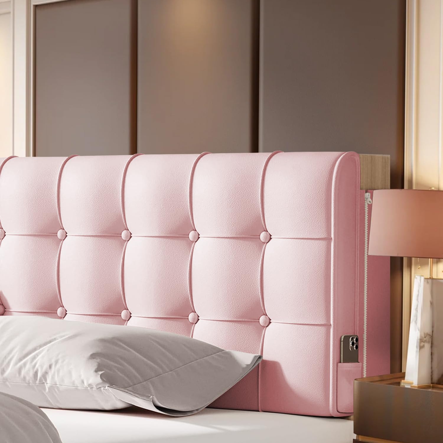 BCU Headboard Pillow Full Size Upholstered Soft Tufted Headboard Backrest Pillow with Removable Cover for Adjustable Bed Back Support, Pink