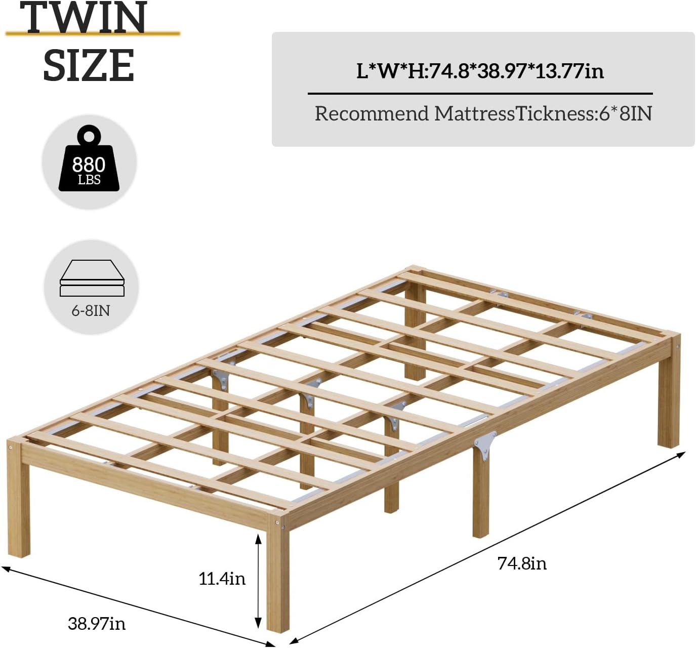 Wisuce Bamboo Bed Frame–Simple Sturdy Wood Platform Bed Frame Twin Size, Strong and Stable, with Non-Slip Slats for Support, No Box Spring Needed, Easy to Assemble, Noise-Free (Nature, Twin)