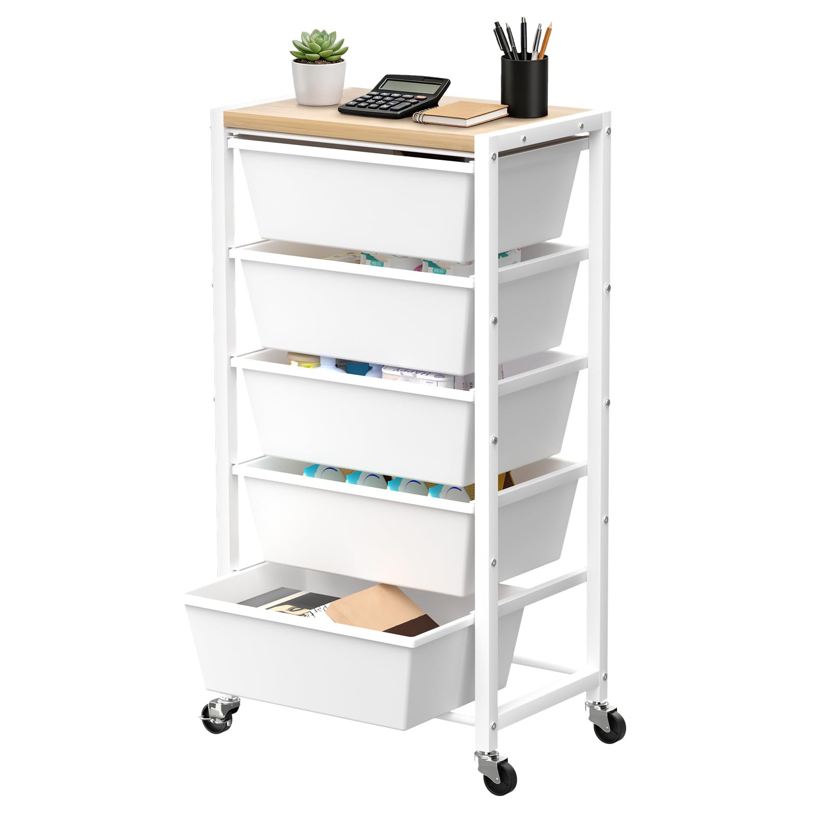 Rolling Cart with 5 Drawers, Plastic Drawer Storage Carts with Wheels & Wooden Tabletop, Metal Utility Cart for Office Bedroom Living Room Classroom, Craft Organization and Storage, Black