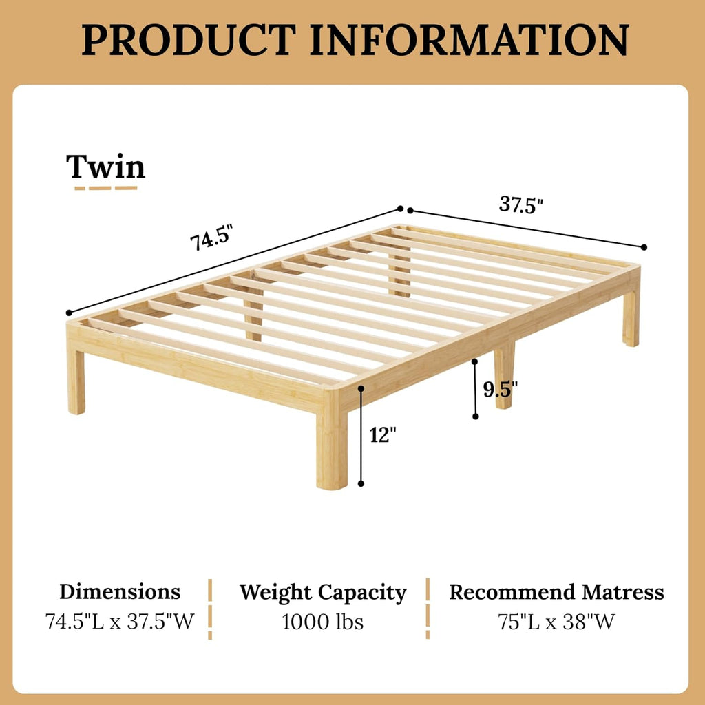 Askeld 12 Inch Wood Twin Bed Frame, Bamboo Heavy Duty Platform Twin Size Bed Frame No Box Spring Needed, Non Slip, Easy Assembly, Noise-Free