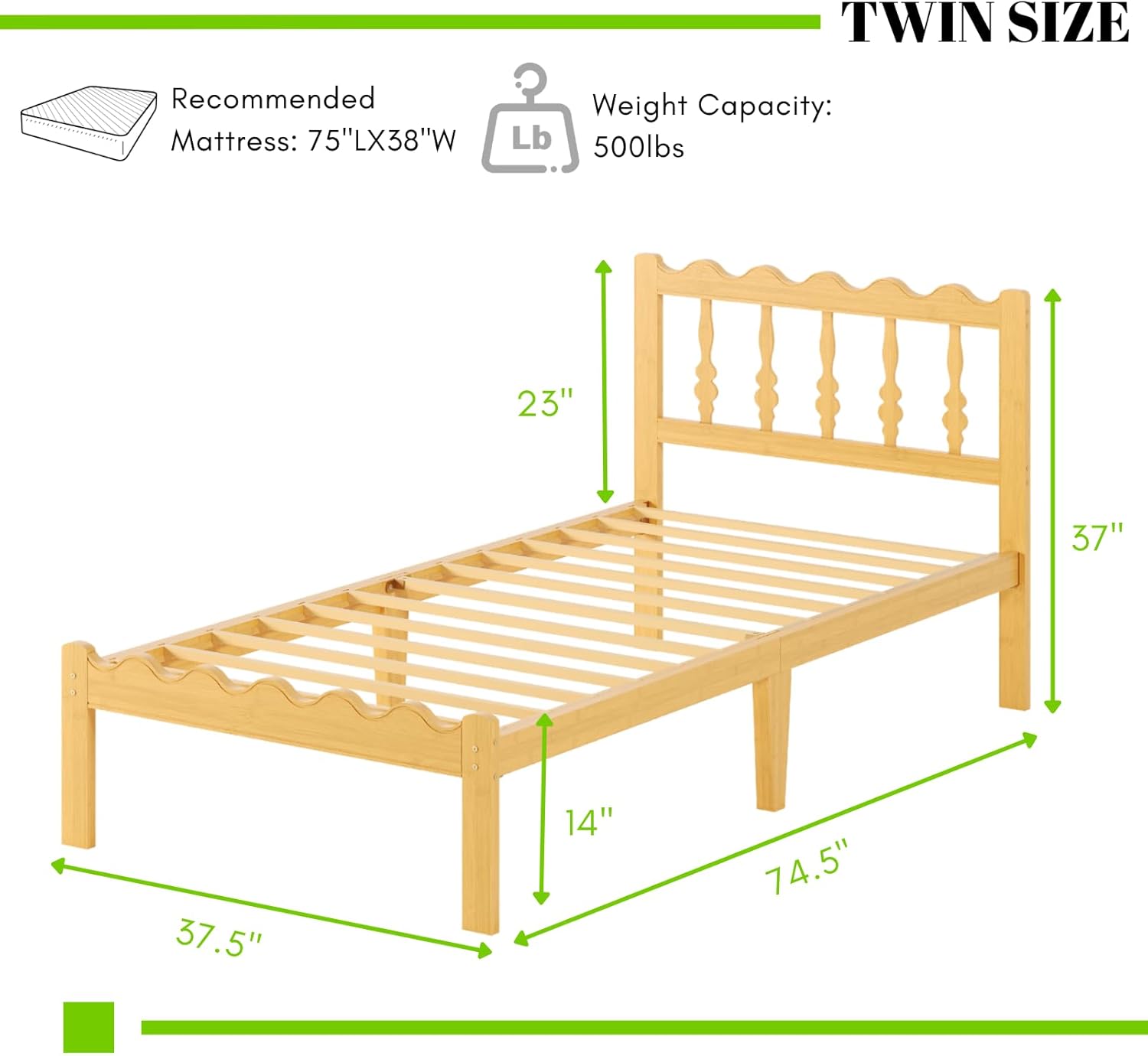 Bamboo Twin Bed Frame with Headboard, 14 inch Solid Wood Platform Bed Frames Twin Size with Metal Slats, No Box Spring Needed, Easy Assembly, Noise Free