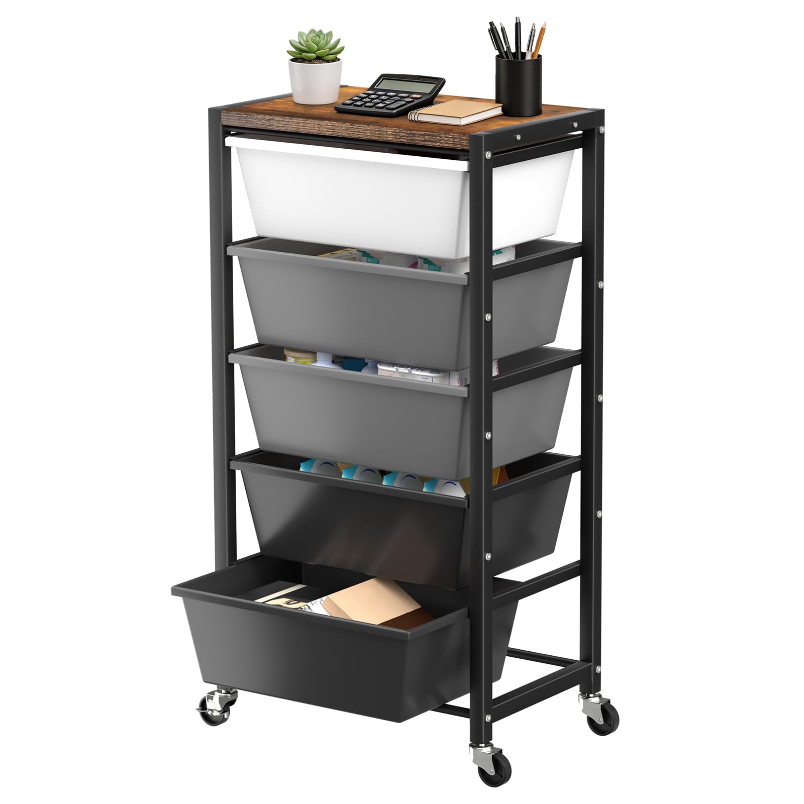Rolling Cart with 5 Drawers, Plastic Drawer Storage Carts with Wheels & Wooden Tabletop, Metal Utility Cart for Office Bedroom Living Room Classroom, Craft Organization and Storage, Black