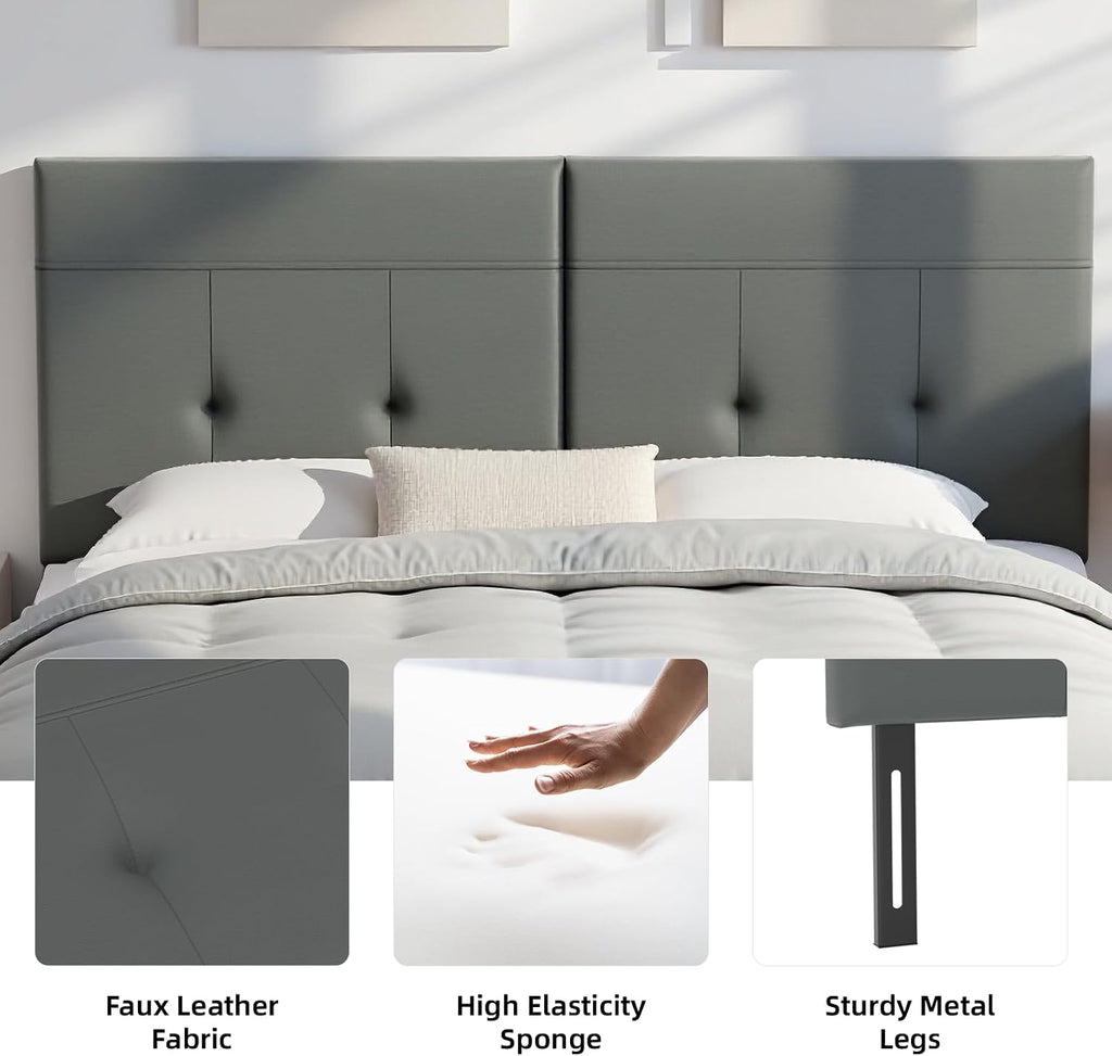 King Headboard Only with Adjustable Metal Legs, Faux Leather Upholstered Headboard King Size, Modern Stylish Headboard with Sunken Dot Design, Sturdy Bed Headboard for Bedroom, Gray