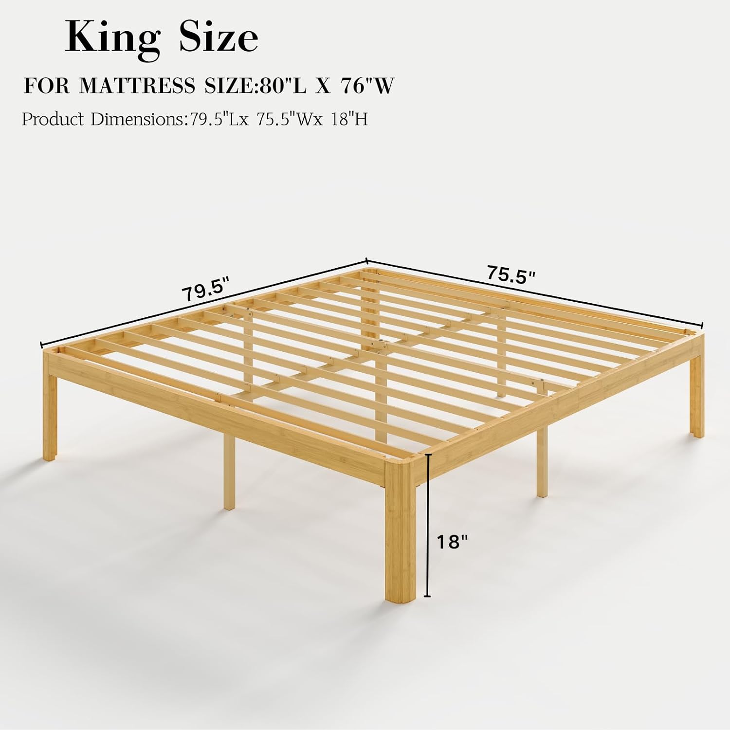 18 Inch King Wood Platform Bed，Mid-Century Wood Bed Frames, No Box Spring Needed, Natural Finish, Easy Assembly