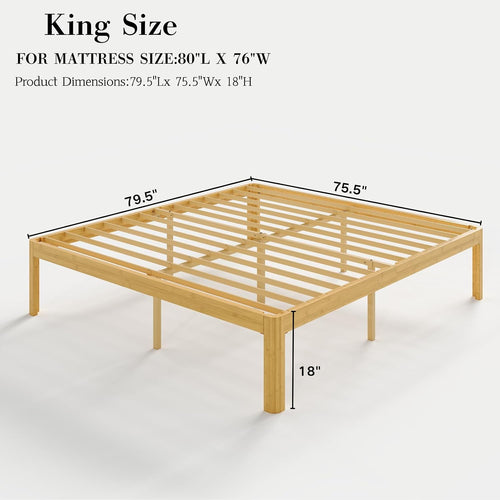 18 Inch King Wood Platform Bed，Mid-Century Wood Bed Frames, No Box Spring Needed, Natural Finish, Easy Assembly