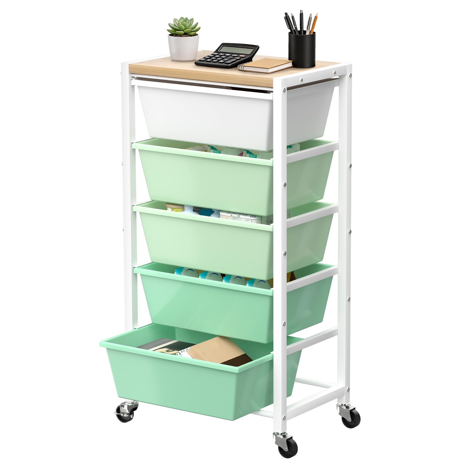 Rolling Cart with 5 Drawers, Plastic Drawer Storage Carts with Wheels & Wooden Tabletop, Metal Utility Cart for Office Bedroom Living Room Classroom, Craft Organization and Storage, Black