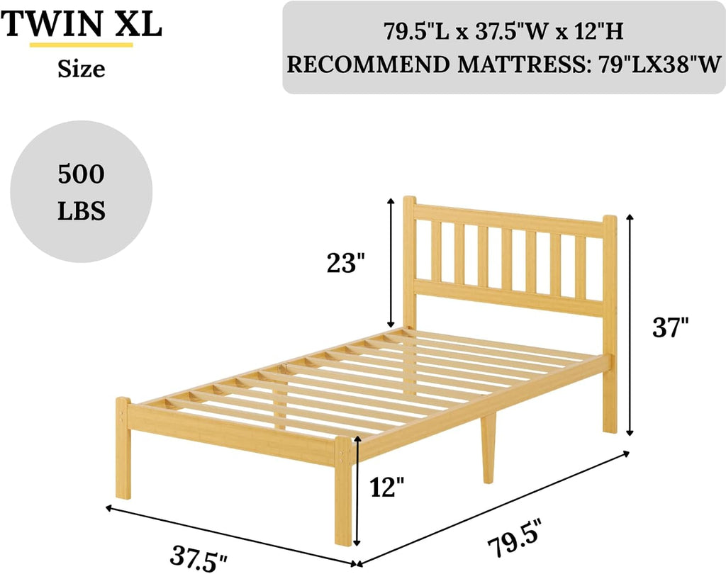 Askeld Wood Twin XL Bed Frame with Headboard, 12 Inch High Solid Bamboo Platform Bed No Box Spring Needed, Mid-Century Heavy Duty Bedframe, Easy Assembly, Noise Free