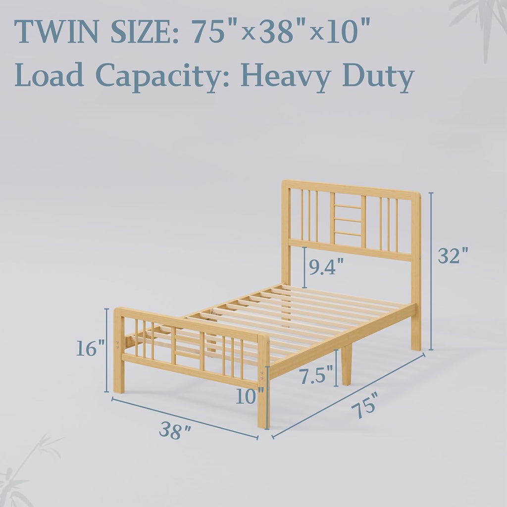 Hunlostten 10 in High Bamboo Wood Twin Bed Frame with Headboard & Footboard, Platform Bed Frame Twin Size with Steel Slats Support, Heavy Duty, No Box Spring Needed, Easy Assembly