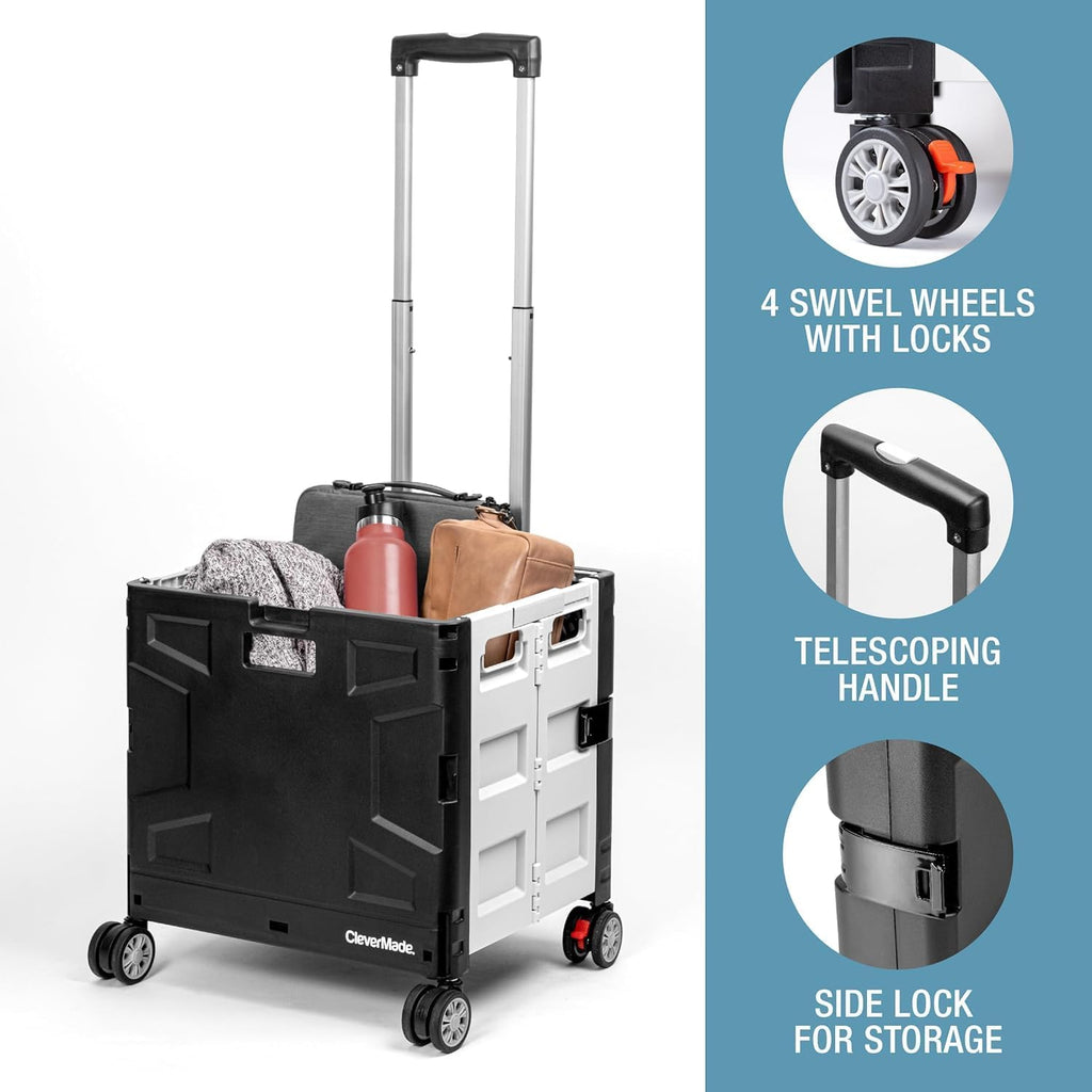 CleverMade Collapsible Wheeled Crate with Lid, 4-Wheels, Swivel and Glide Rolling Crate with Handle and Double Wheels, 55L, 100 lb Capacity, Cool Gray, Polypropylene (PP)
