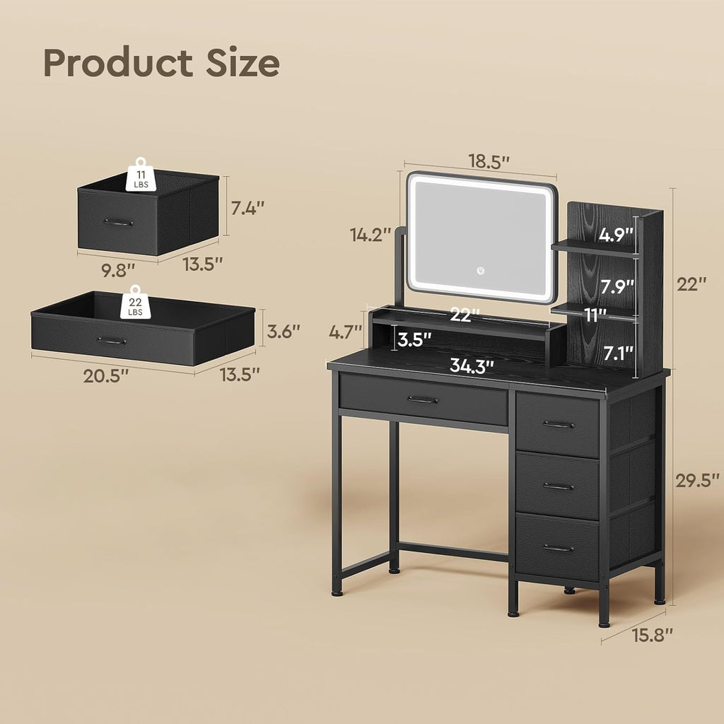 YeTom Vanity Desk with Mirror and Lights, Makeup Vanity Desk with 4 Fabric Drawers & Storage Shelves & Side Table, 3 Color Modes & Adjustable Brightness, Black Vanity, Bedroom Furniture