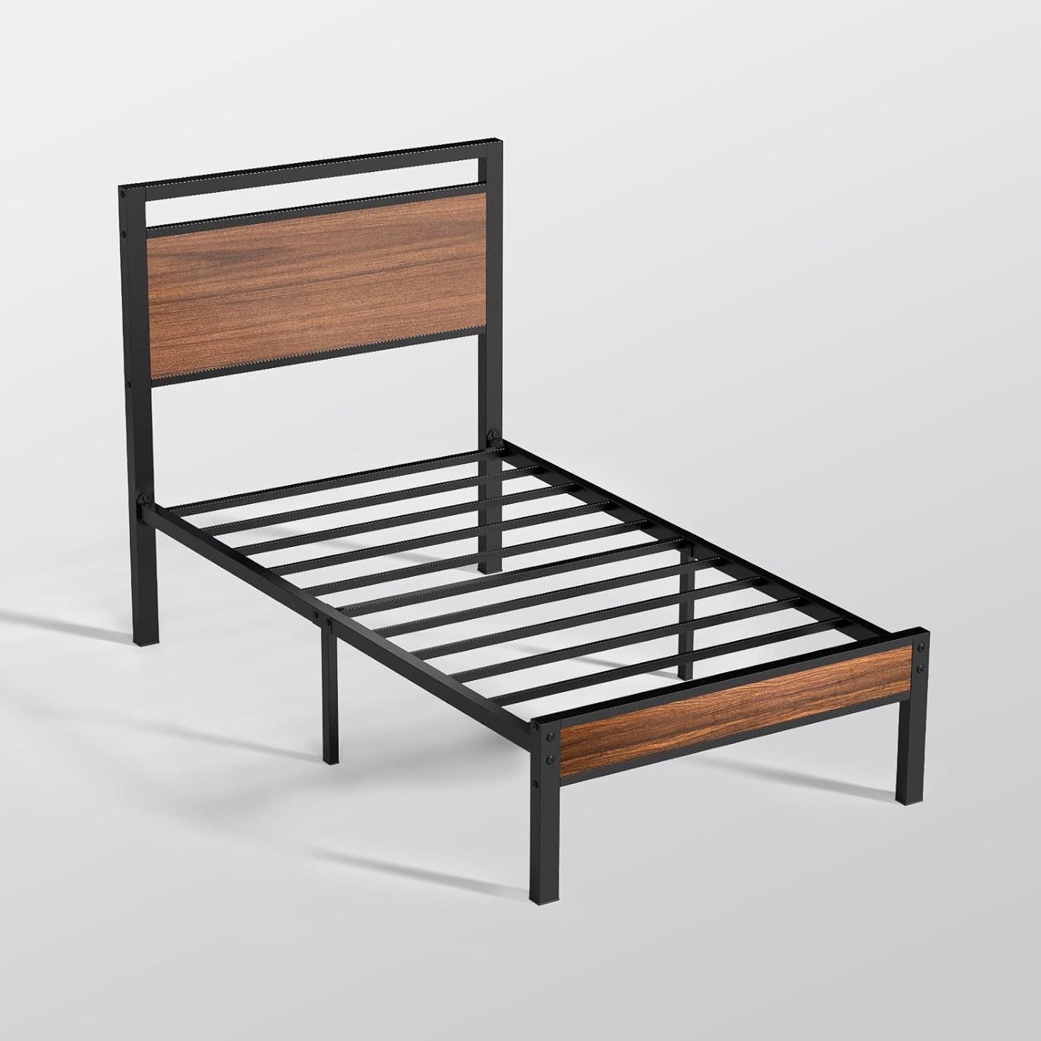 Z-hom Twin Metal Bed Frame with Wooden Headboard and Footboard, Heavy Duty Platform Frame with Mrtal Slats, No Box Spring Needed, Quiet and Non-Slip Design, Saving Space for Small Bedroom,Walnut