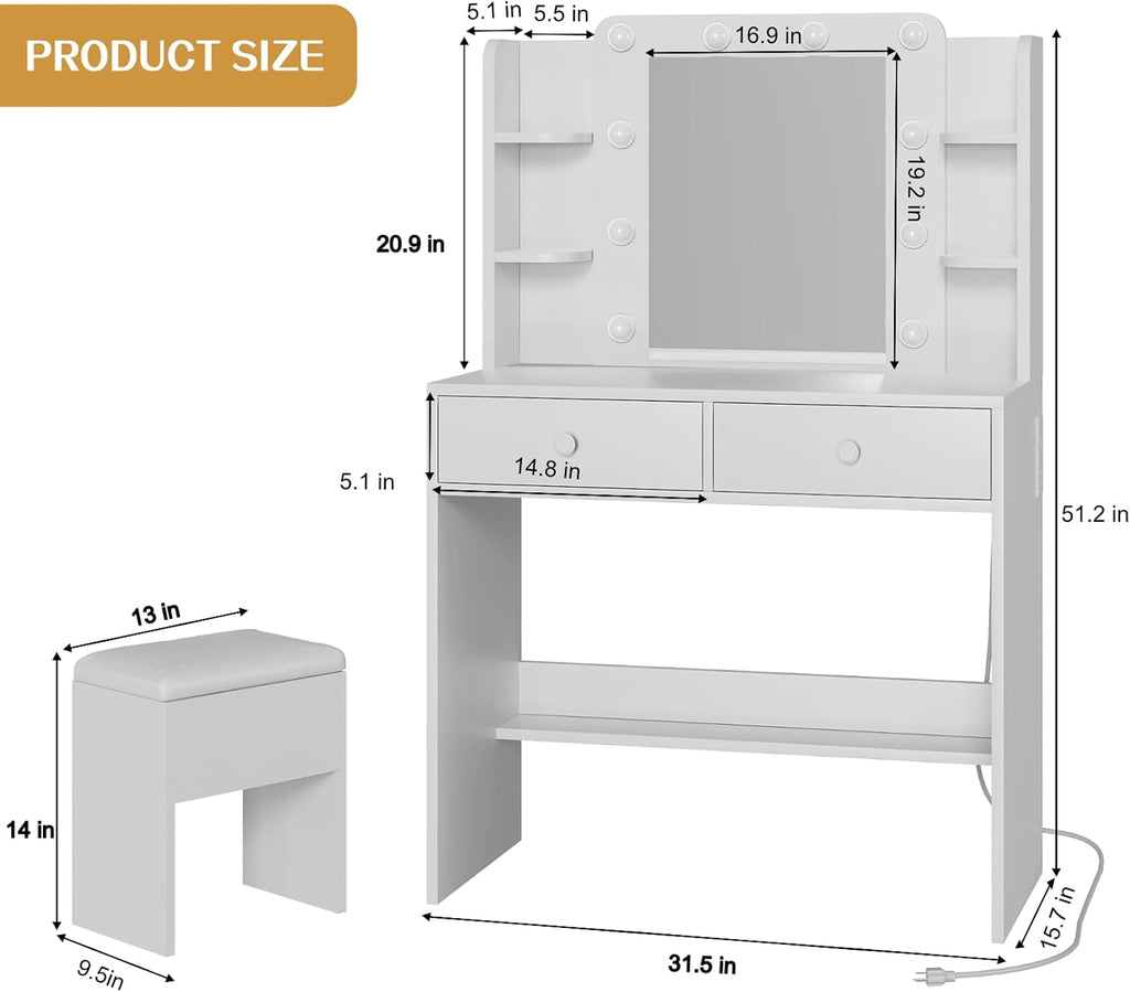 FUXA Makeup Vanity Desk with LED Mirror and Charging Station, Vanity Table Set with Storage Drawers, Shelves and Chair, Dressing Table with 3 Lighting Modes for Bedroom, White