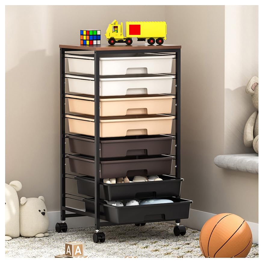 Green Rolling Utility Storage Cart with 8 Drawers & Wooden Tabletop, Multi-scene Organizer for Home Office Craft Dorm