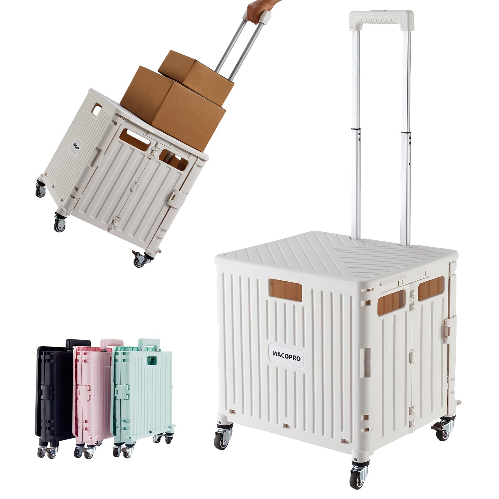 MACOPRO Folding Utility Cart Portable Rolling Crate Handcart Shopping Trolley Collapsible Tool Box, with Lid, Basket on 4 Rotate Wheels, for Grocery, Office, Teacher, Travel Shop Move Luggage (Green)