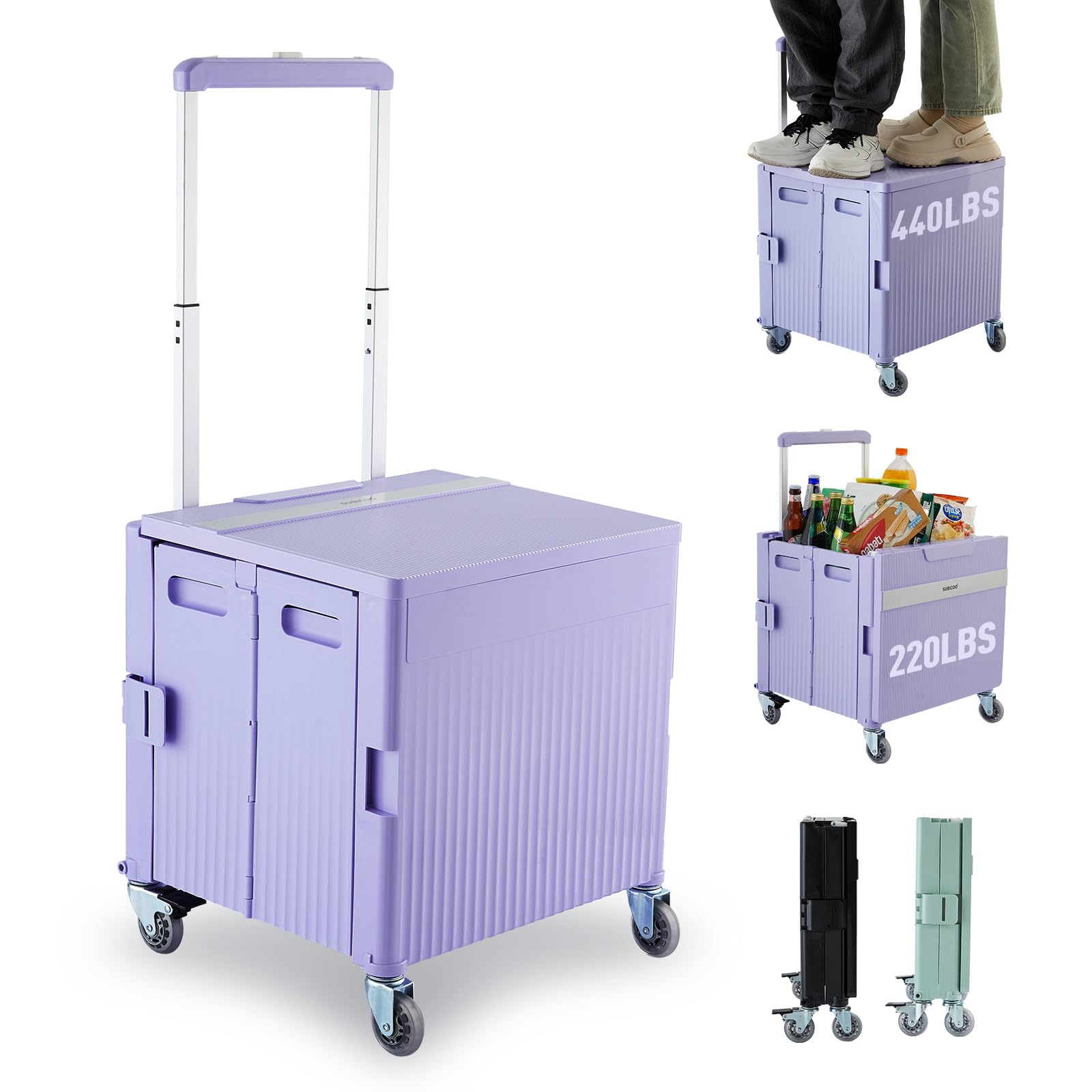 Folding Utility Cart Portable Rolling Crate Handcart Shopping Trolley Collapsible Tool Box, with Lid, on Rotate Wheels, for Grocery, Shopping, Office, Teacher, Camp,File (Black)