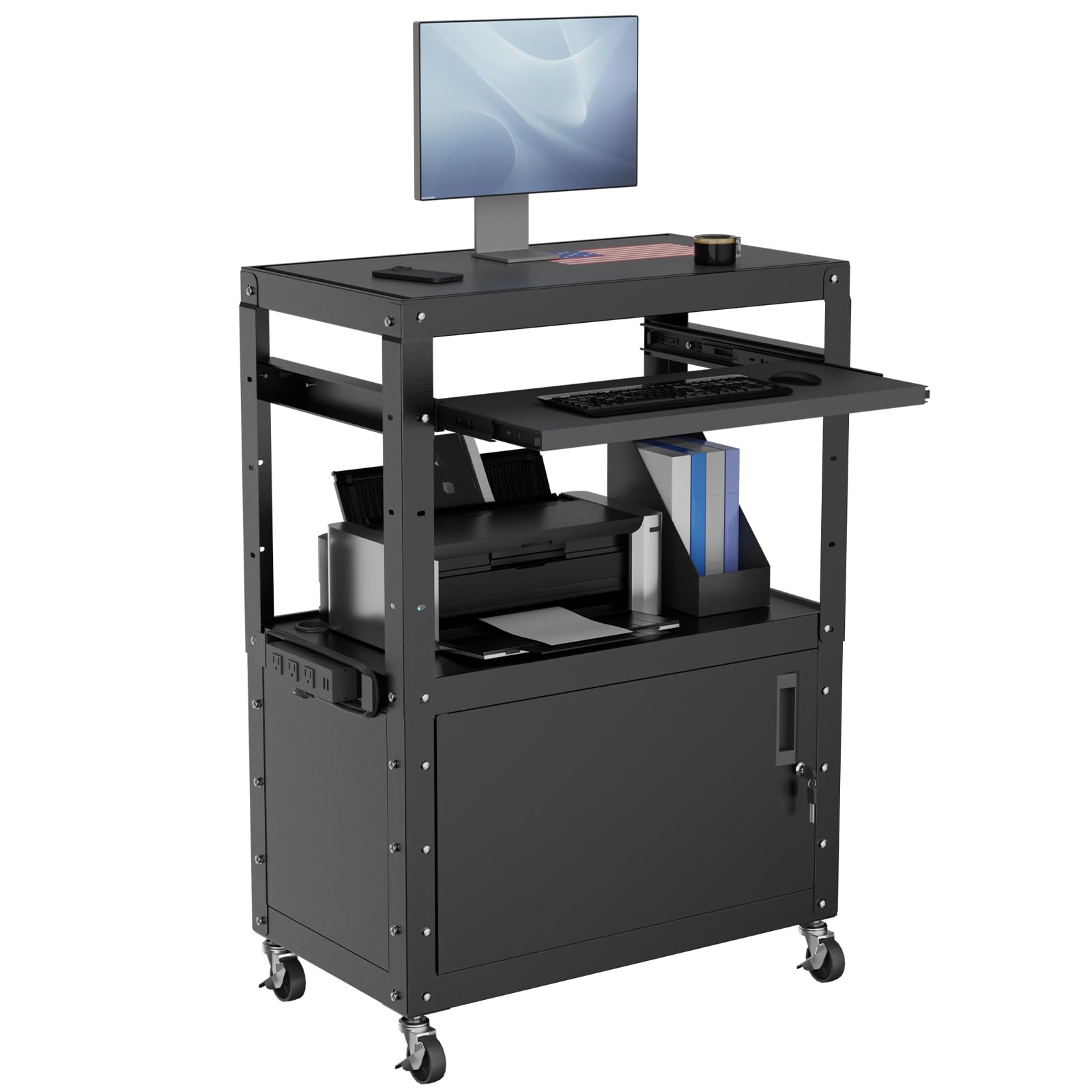 Mobile AV Cart, Heavy Duty Rolling Computer Cart with Push Handle & Hooks – Locking Cabinet, Pegboard, 4 Outlets, Lock Brake Casters – Media Utility Cart on Wheels for Office/Classroom