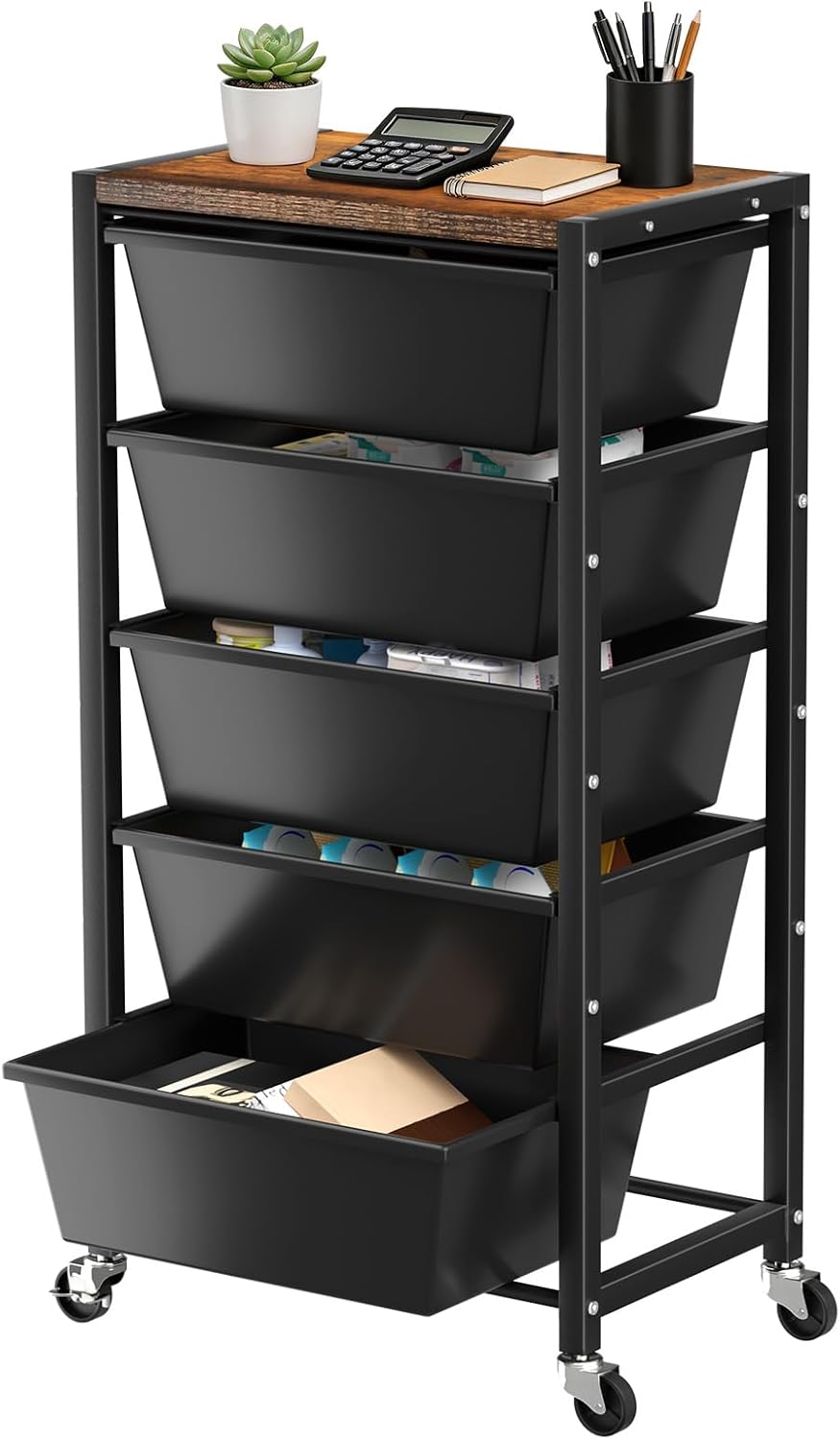 Rolling Cart with 5 Drawers, Plastic Drawer Storage Carts with Wheels & Wooden Tabletop, Metal Utility Cart for Office Bedroom Living Room Classroom, Craft Organization and Storage, Black