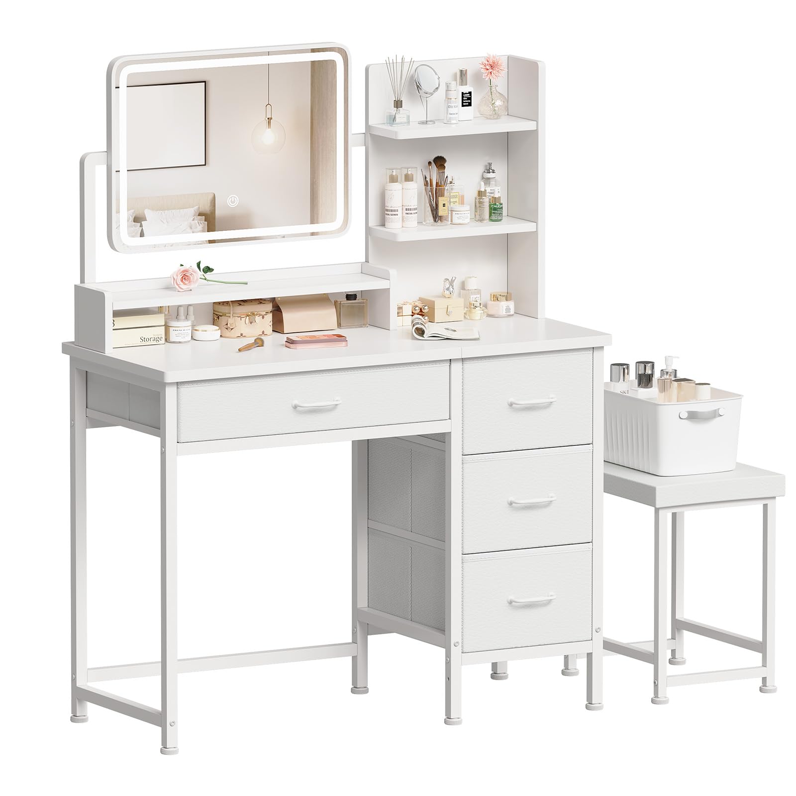 YeTom Vanity Desk with Mirror and Lights, Makeup Vanity Desk with 4 Fabric Drawers & Storage Shelves & Side Table, 3 Color Modes & Adjustable Brightness, Black Vanity, Bedroom Furniture