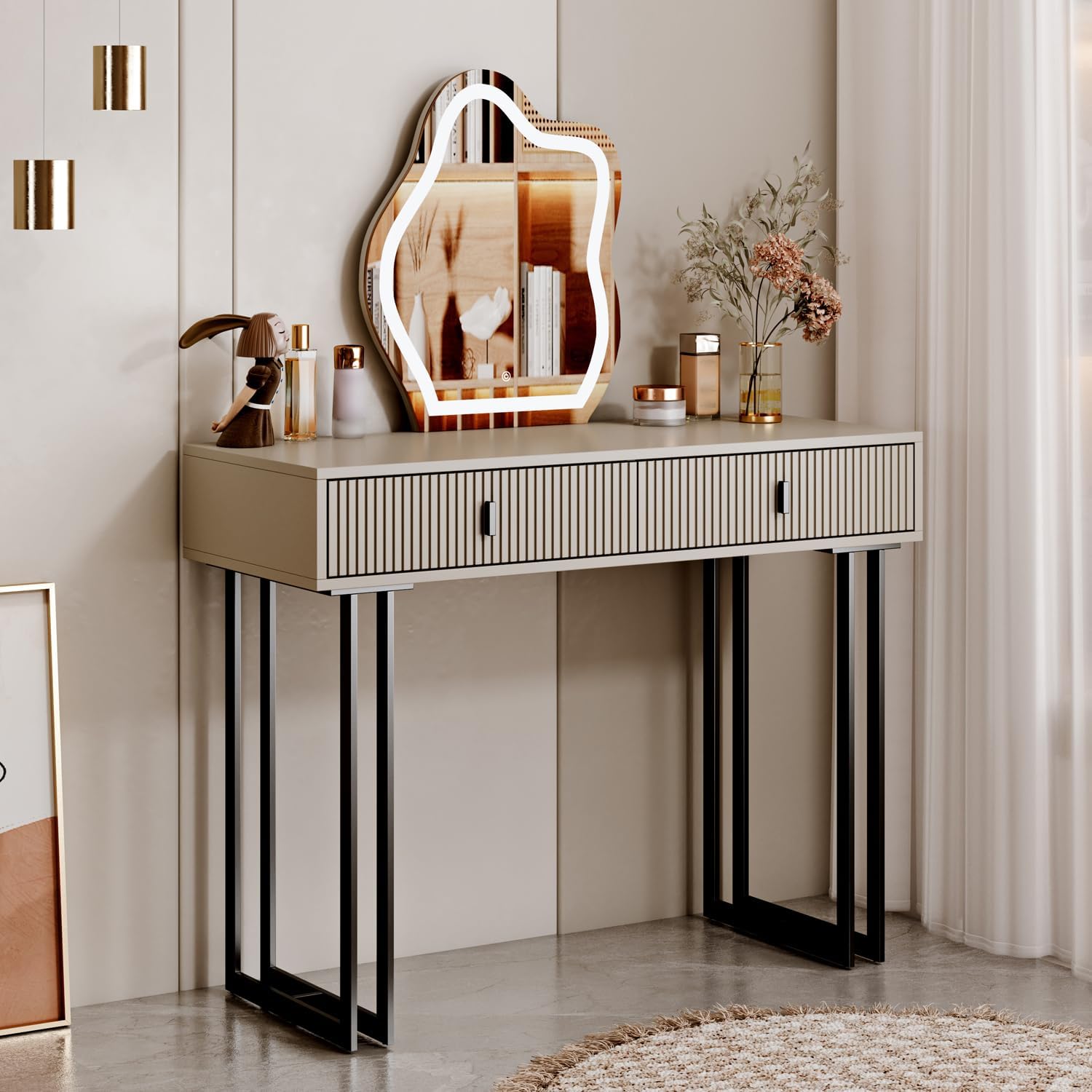 Large Vanity Desk with 3 Color Touch Screen Dimming Mirror, Vanity Desk with Charging Station, Modern Retractable Makeup Dressing Table, Makeup Table With storage shelves and 5 Sliding Drawers, Oak