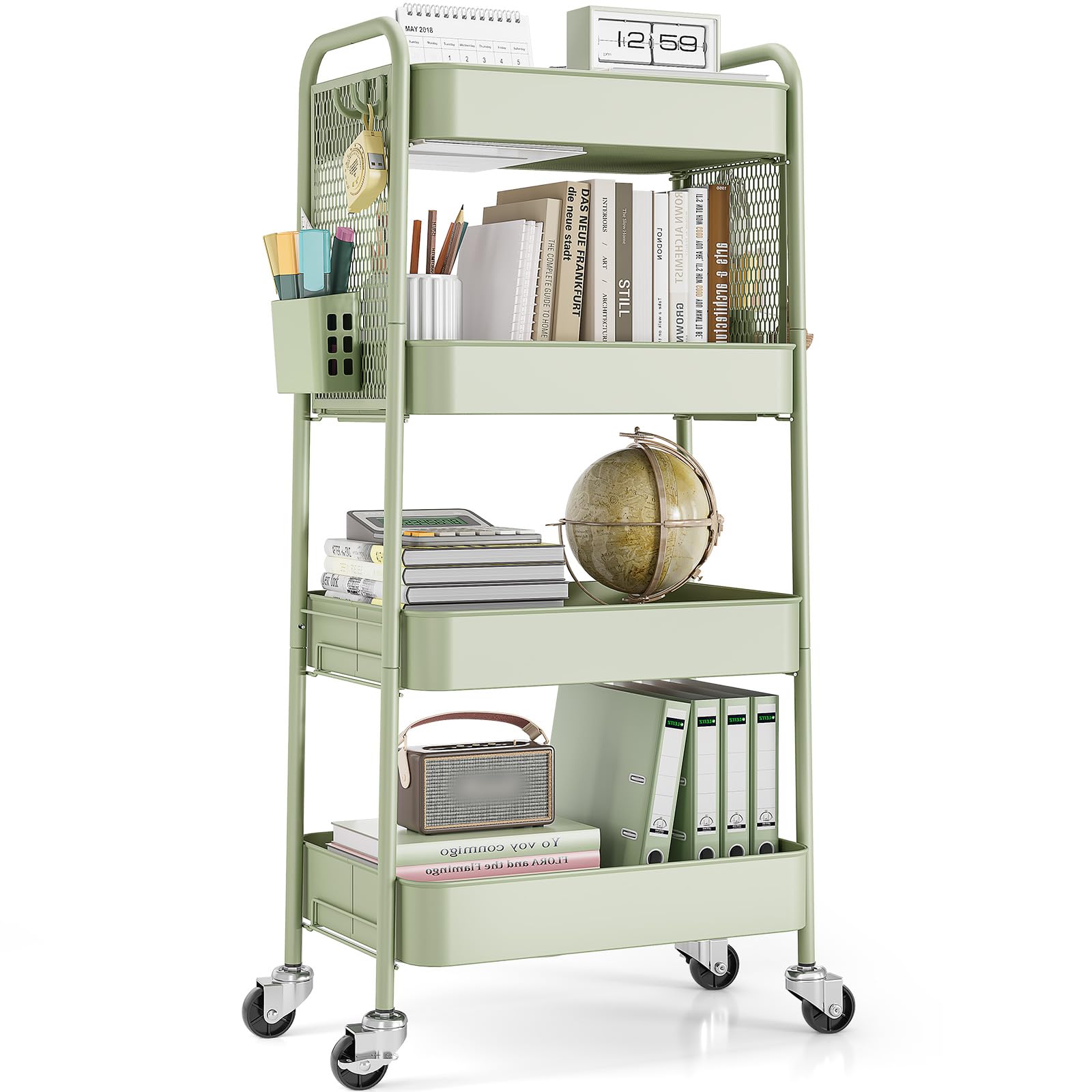 TOOLF 3 Tier Rolling Cart Storage Organizer, Metal Rolling Utility Cart with Wheels, Hooks & Bins Esthetician Craft Art Sturdy Storage with Pegboard for Bathroom, Kitchen, Office, Nursery Diaper