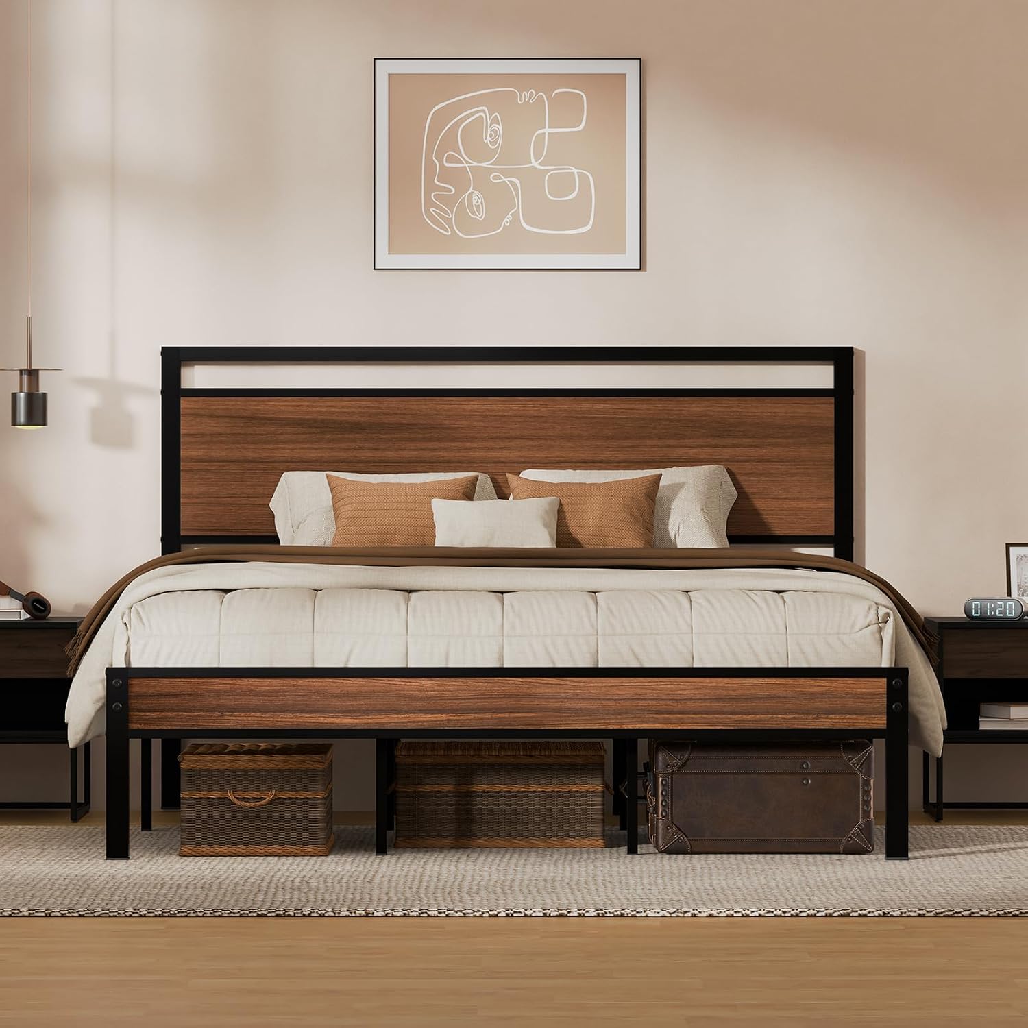 Z-hom Twin Metal Bed Frame with Wooden Headboard and Footboard, Heavy Duty Platform Frame with Mrtal Slats, No Box Spring Needed, Quiet and Non-Slip Design, Saving Space for Small Bedroom,Walnut