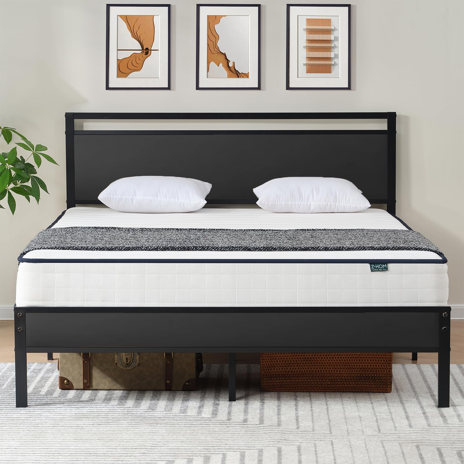 Z-hom Twin Metal Bed Frame with Wooden Headboard and Footboard, Heavy Duty Platform Frame with Mrtal Slats, No Box Spring Needed, Quiet and Non-Slip Design, Saving Space for Small Bedroom,Walnut