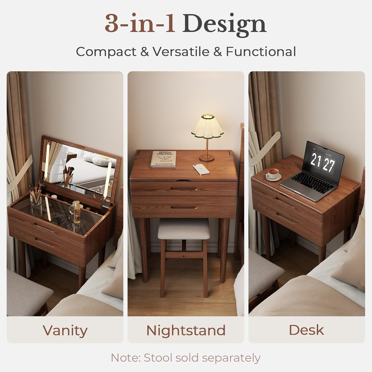 Muwuele Solid Wood Small Vanity Desk with Mirror and Lights, Narrow Makeup Vanity for Small Space, Flip Top Vanity Side Table, 3 Color Modes & Adjustable Brightness, 23.6" Slim Dressing Table, Walnut