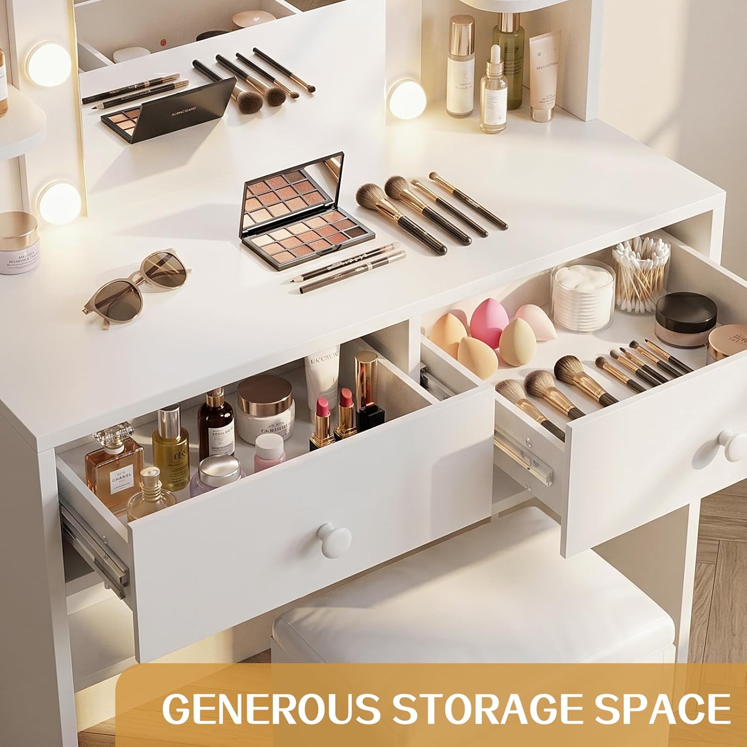 FUXA Makeup Vanity Desk with LED Mirror and Charging Station, Vanity Table Set with Storage Drawers, Shelves and Chair, Dressing Table with 3 Lighting Modes for Bedroom, White