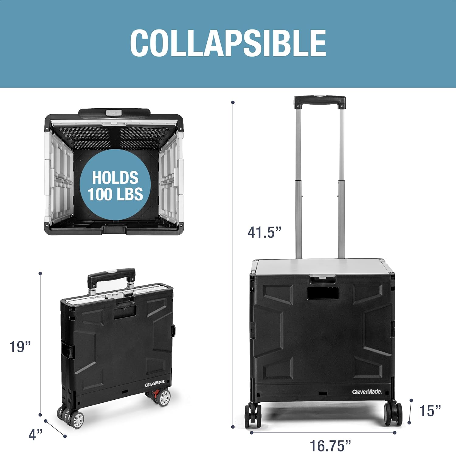 CleverMade Collapsible Wheeled Crate with Lid, 4-Wheels, Swivel and Glide Rolling Crate with Handle and Double Wheels, 55L, 100 lb Capacity, Cool Gray, Polypropylene (PP)