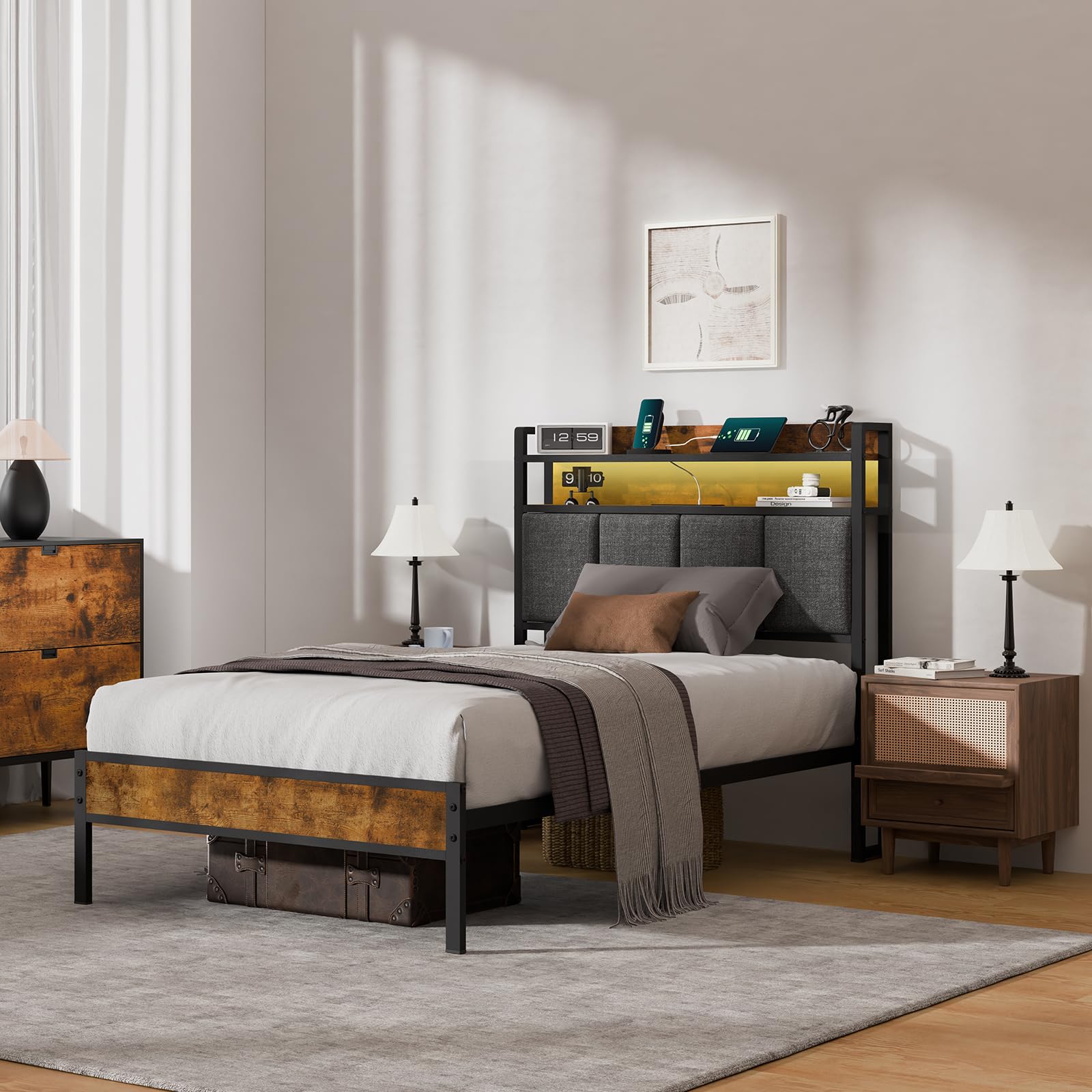 Z-hom Twin Metal Bed Frame with Wooden Headboard and Footboard, Heavy Duty Platform Frame with Mrtal Slats, No Box Spring Needed, Quiet and Non-Slip Design, Saving Space for Small Bedroom,Walnut