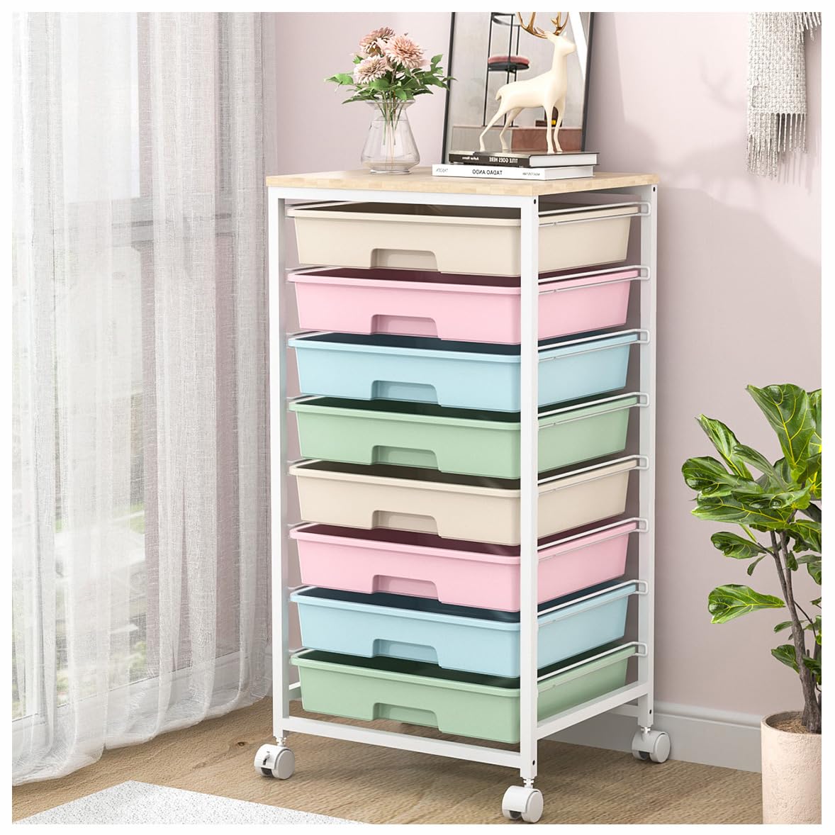 Green Rolling Utility Storage Cart with 8 Drawers & Wooden Tabletop, Multi-scene Organizer for Home Office Craft Dorm