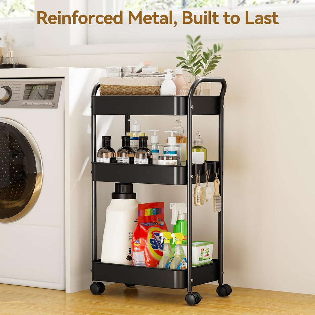 YASONIC 3-Tier Metal Rolling Cart, Sturdy Storage Utility Carts with Wheels, Multifunction Craft Art Organizer for Bedroom, Laundry, Garage, Office, Nursery, Bathroom, Easy Assembly (Black)